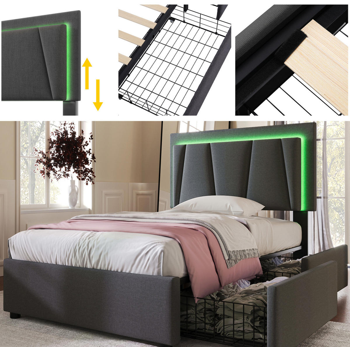 TAPECIRANI krevet od drva 90x200 cm sivi s LED rasvjetom, 2 ladice, podesivim uzglavljem i madracem - siva, drvo (90/200cm) - Modfu