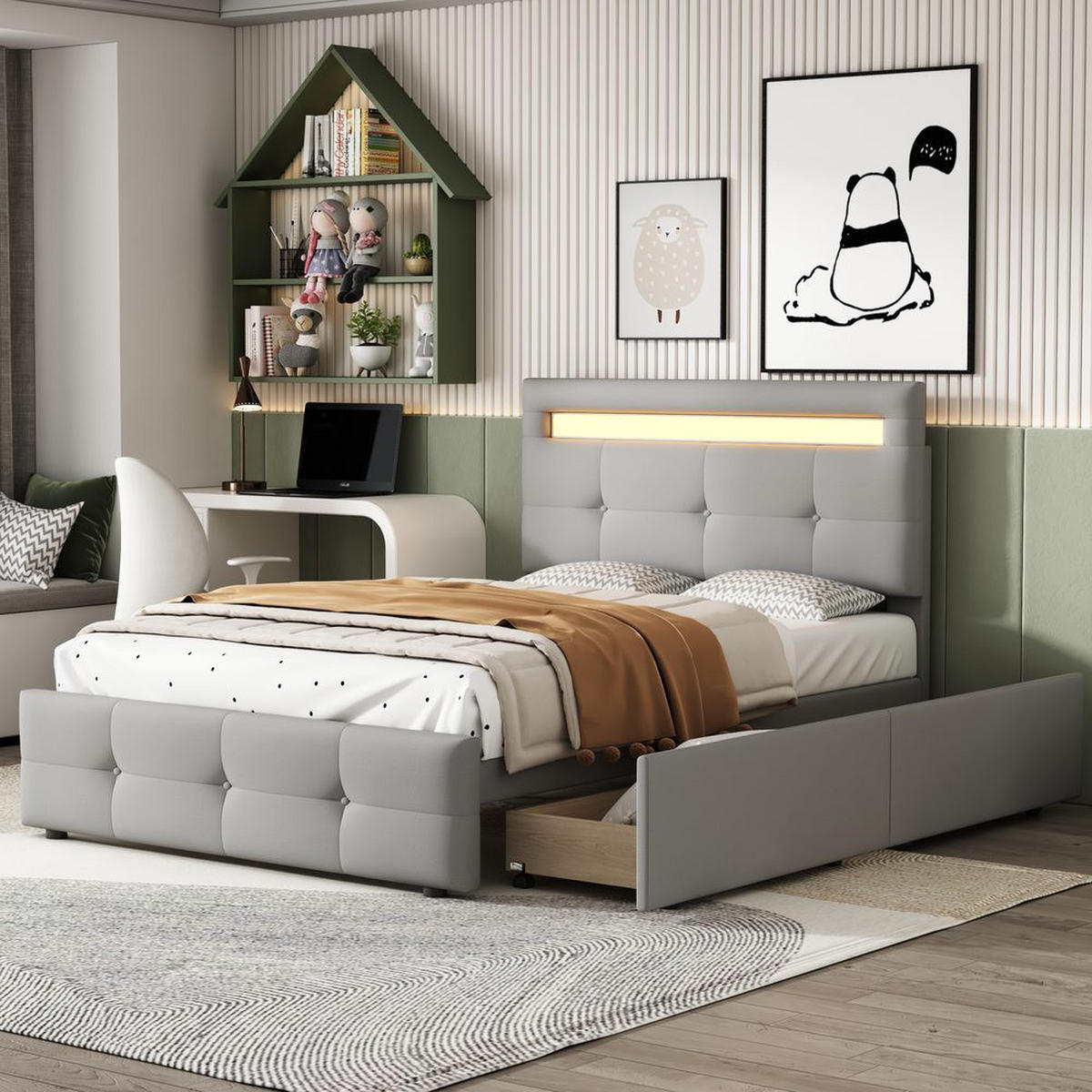 BETT 90x200 GRAU, LED, 2 SCHUBLADEN, LEINEN - Grau, Holzwerkstoff (90/200cm)