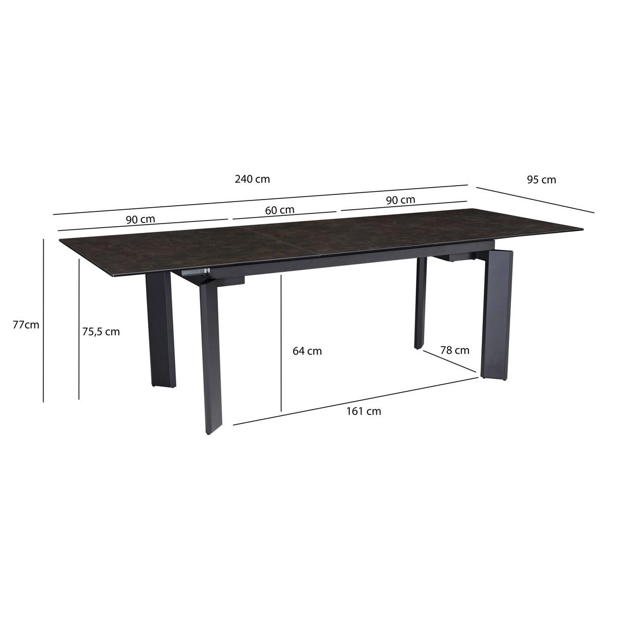 ESSTISCH Ausziehbar Keramik Glas Marmoroptik 180-240 MALTA, Schwarz 180x95x77 cm - Schwarz, Glas/Metall (95/180/77cm) - KADIMA DESIGN