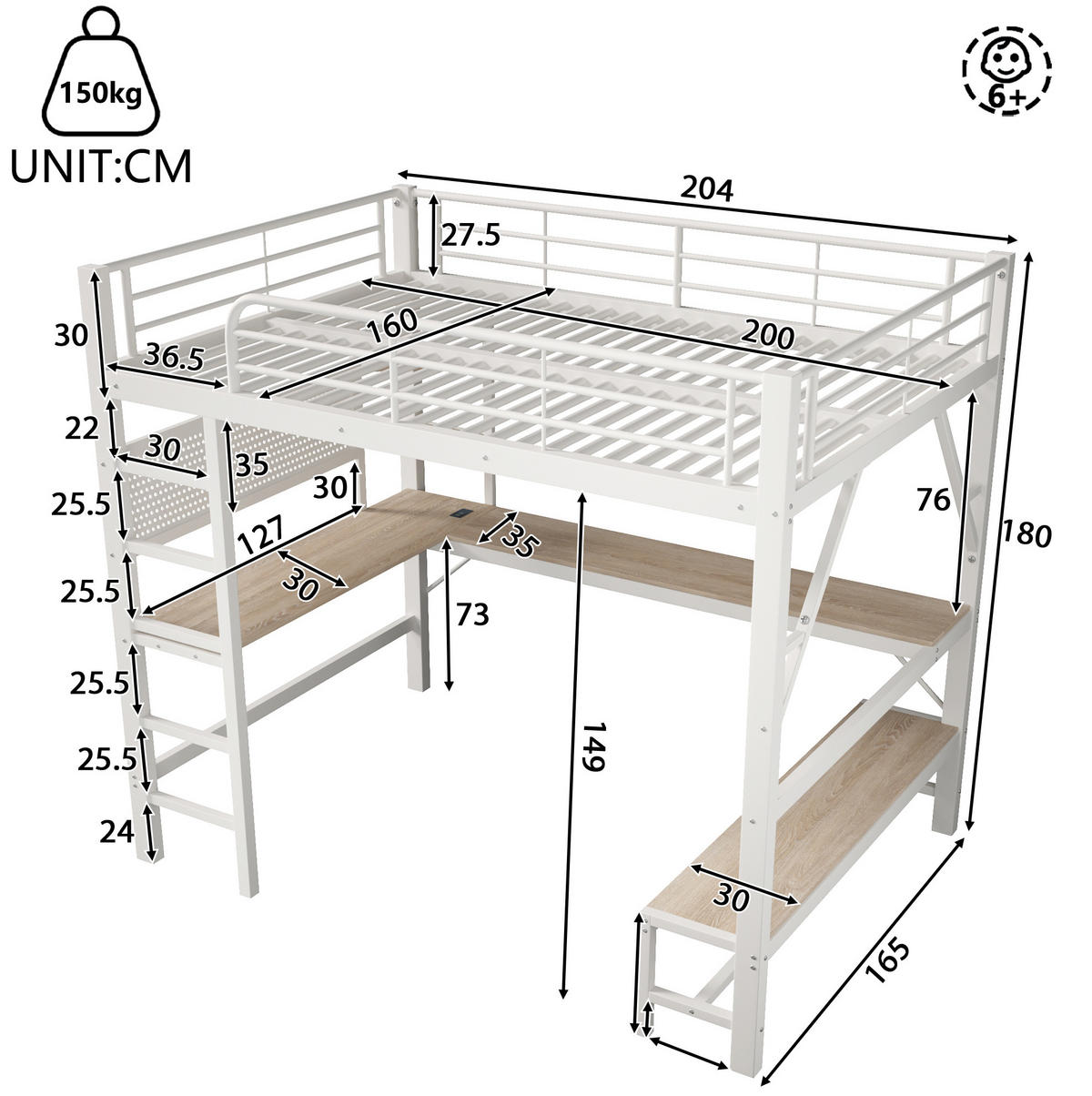 HOCHBETT aus Metall und MDF 160x200 cm Weiß mit Schreibtisch, LED-Leiste und USB-Type-C-Anschluss - Weiß, Metall (160/200cm) - Modfu