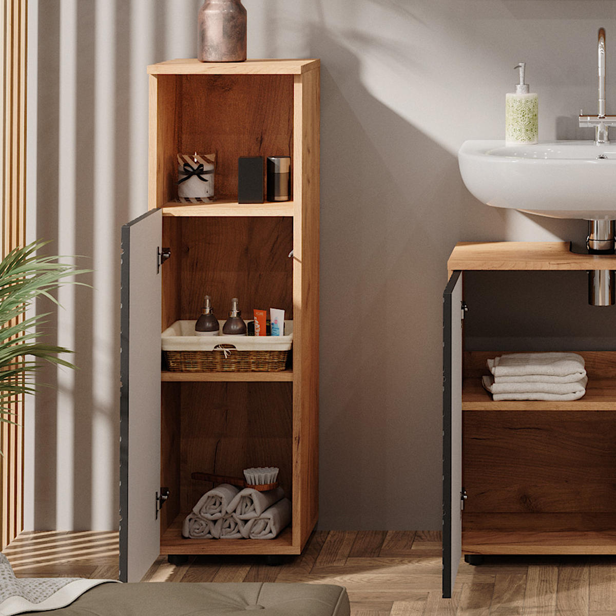 MIDISCHRANK Irma Anthrazit gestreift 30 x 95 cm - Anthrazit, Holzwerkstoff (30/95/30cm) - Vicco