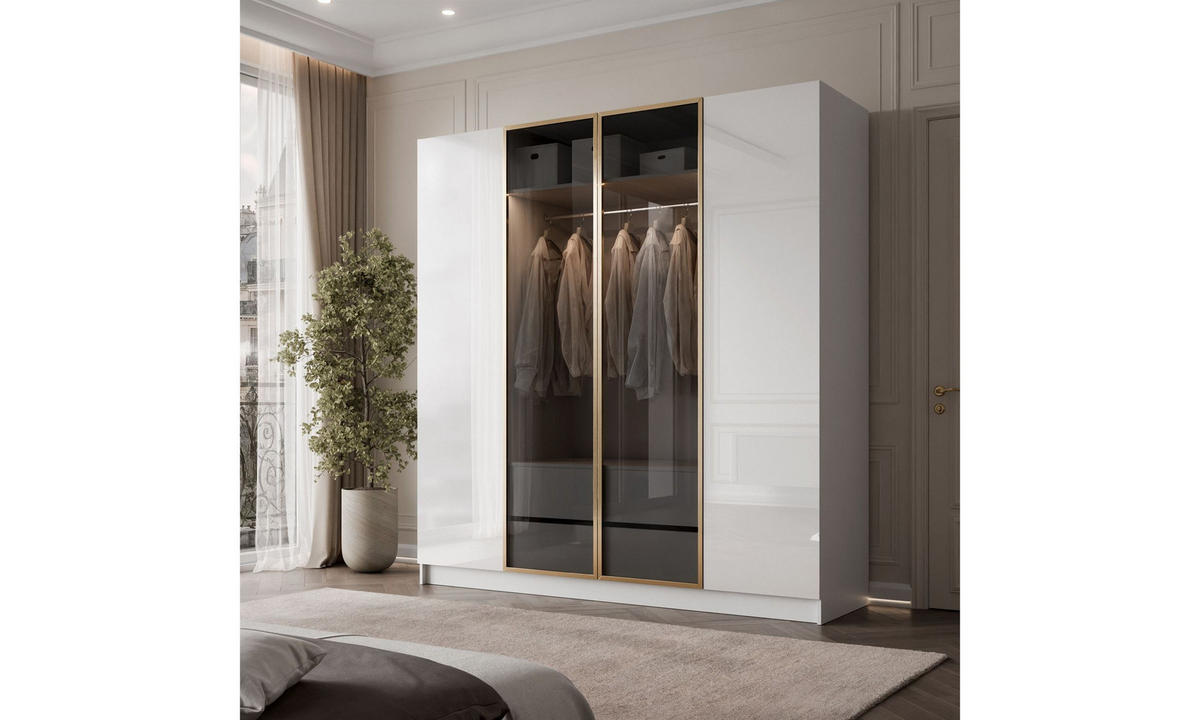 KLEIDERSCHRANK ATRIUM GLOSS 200/57/210 cm Push-to-Open mit LED-Beleuchtung - Weiß, Holzwerkstoff (200/210/57cm) - Lookway