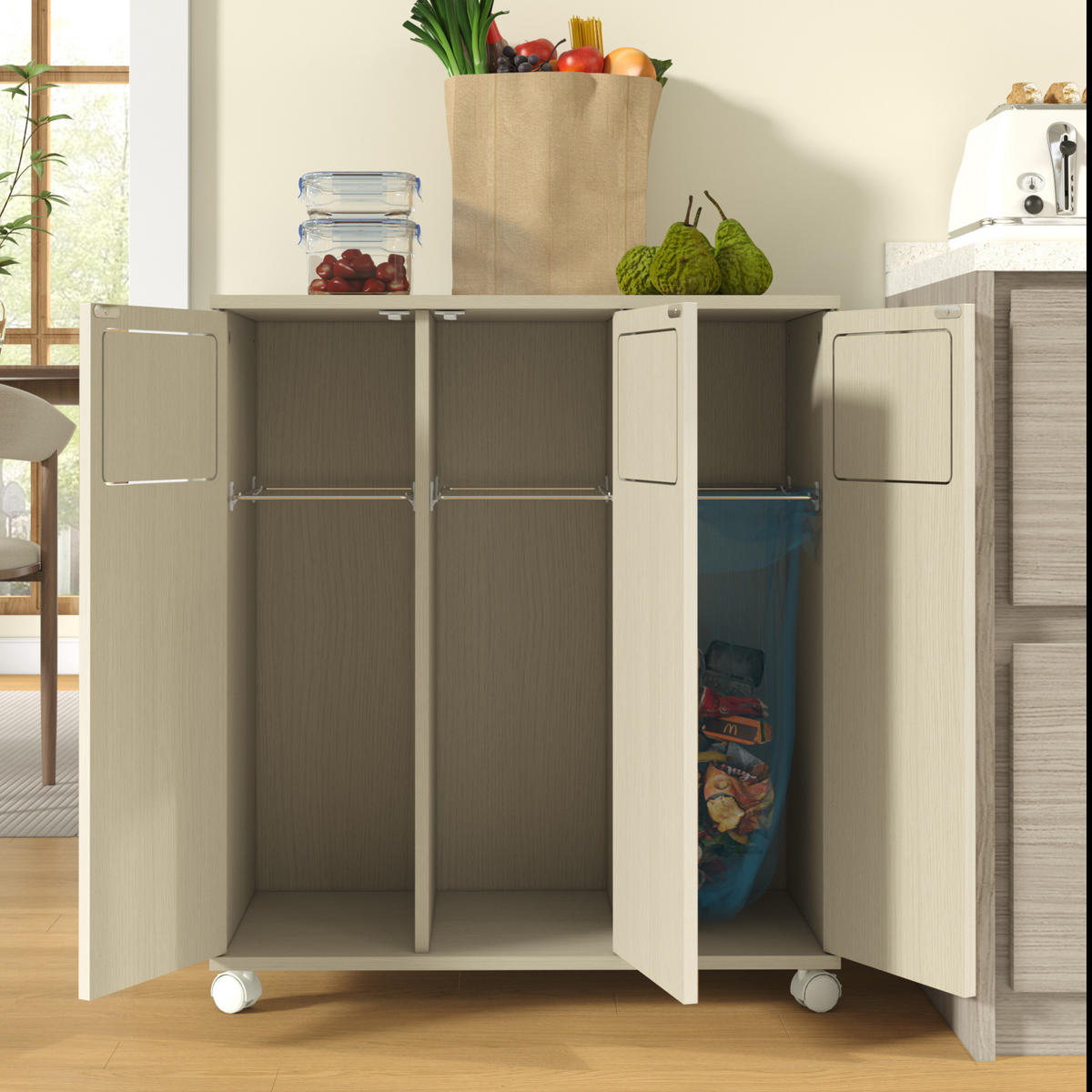 KOMMODE 69,3/35/80 cm aus MDF mit 3 Fächern, 180°-Türen und Rollen, Weiß - Weiß, Holzwerkstoff (70/80/35cm) - Redom