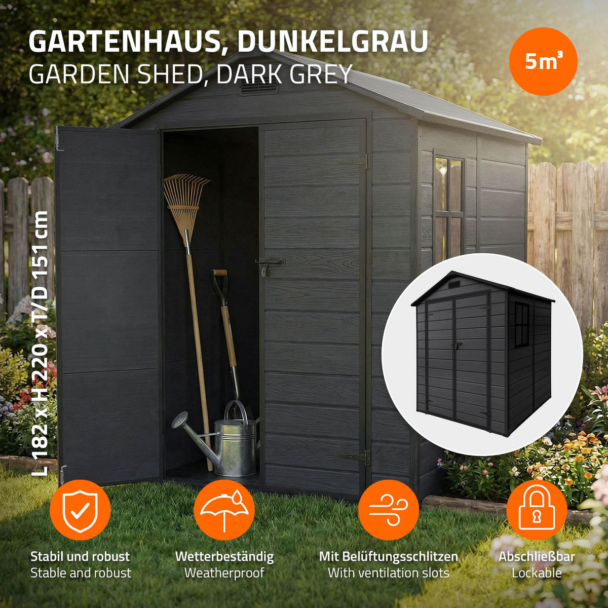 ZÁHRADNÍ DOMEK z plastu s podlahou 5 m³ 151 x 182 x 220 cm tmavě šedý - tmavě šedá, plast (182/220/151cm) - ECD-Germany