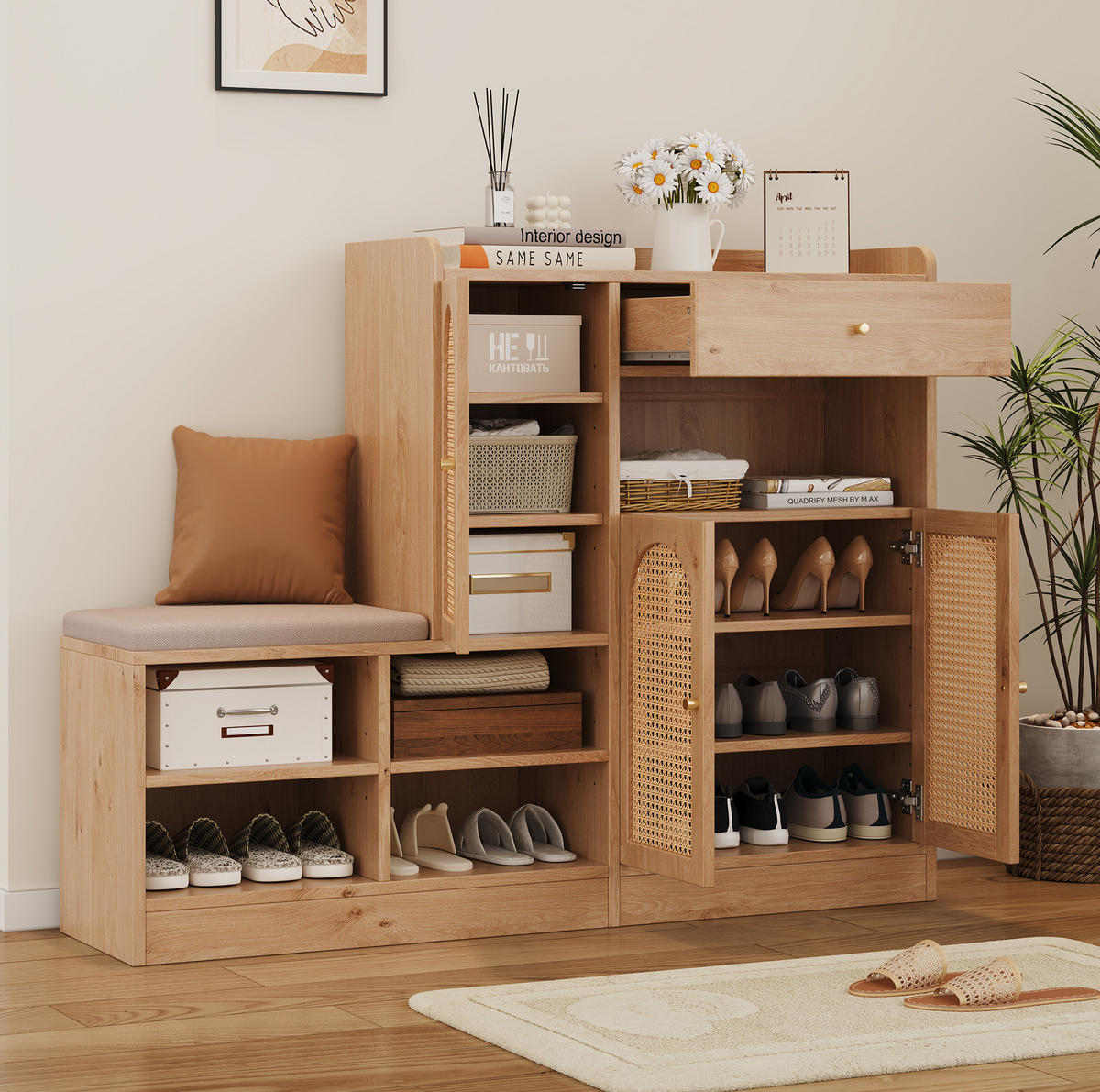 SCHUHSCHRANK 142/35/110 cm mit gepolsterter Sitzbank, Schublade und 3 Rattantüren aus Spanplatte, Natural - Naturfarben, Holzwerkstoff (142/110/35cm) - Redom