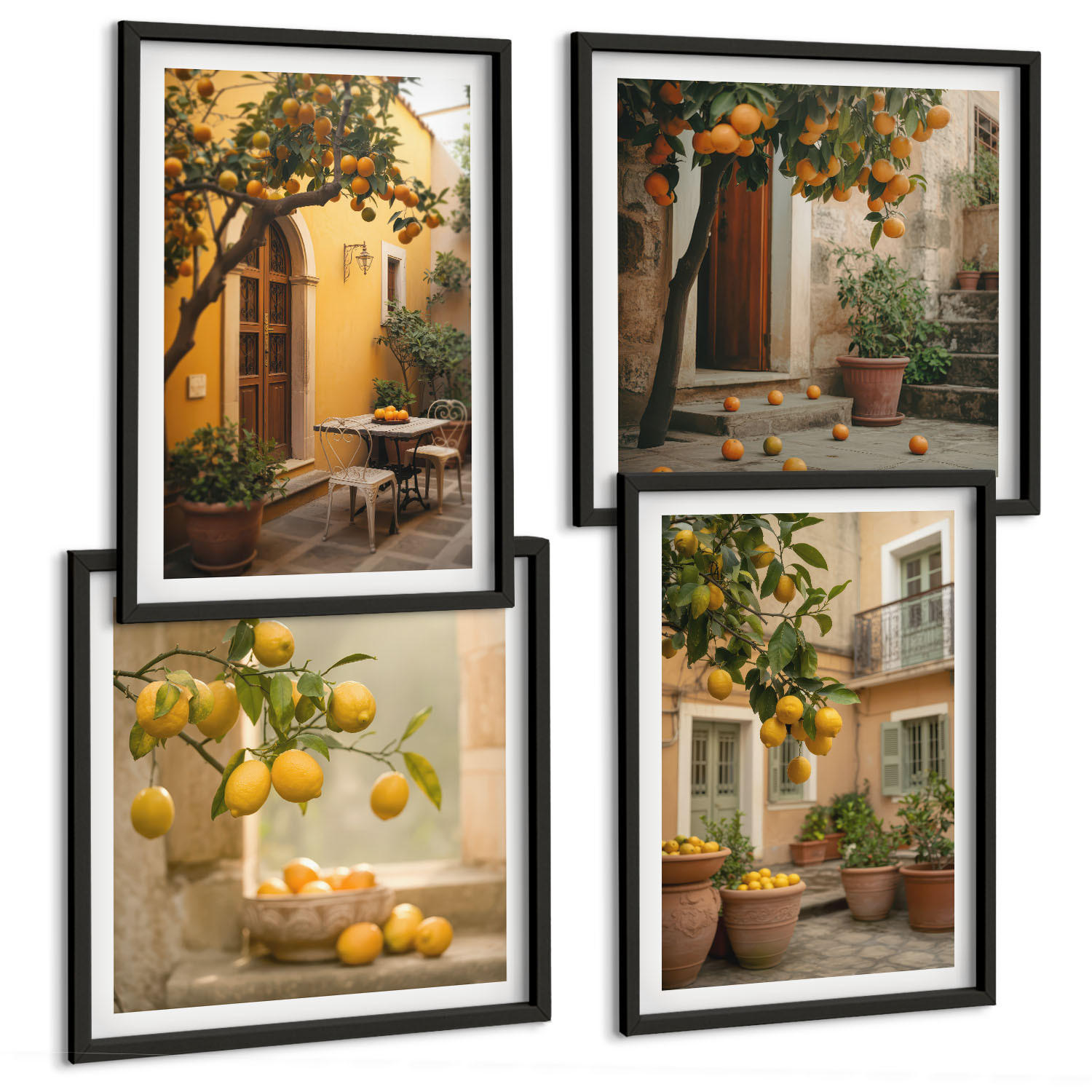 BILDER SET 4er Set - 50x50 cm & 40x60 cm Schwarzer Rahmen - Zitrusgarten in der Sonne - Schwarz, Kunststoff (50/50cm) - TULUP