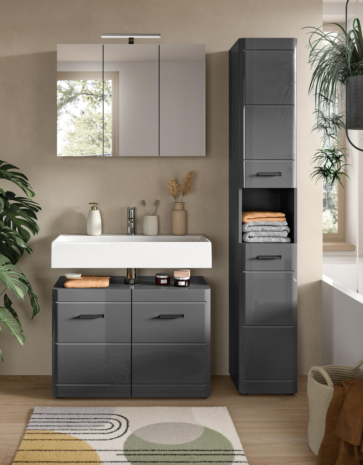 BADMÖBEL-SET grau Hochglanz 125 cm, Komplettset mit Soft-Close - Grau, Glas/Holzwerkstoff (125/190/34cm) - Inn.Furn