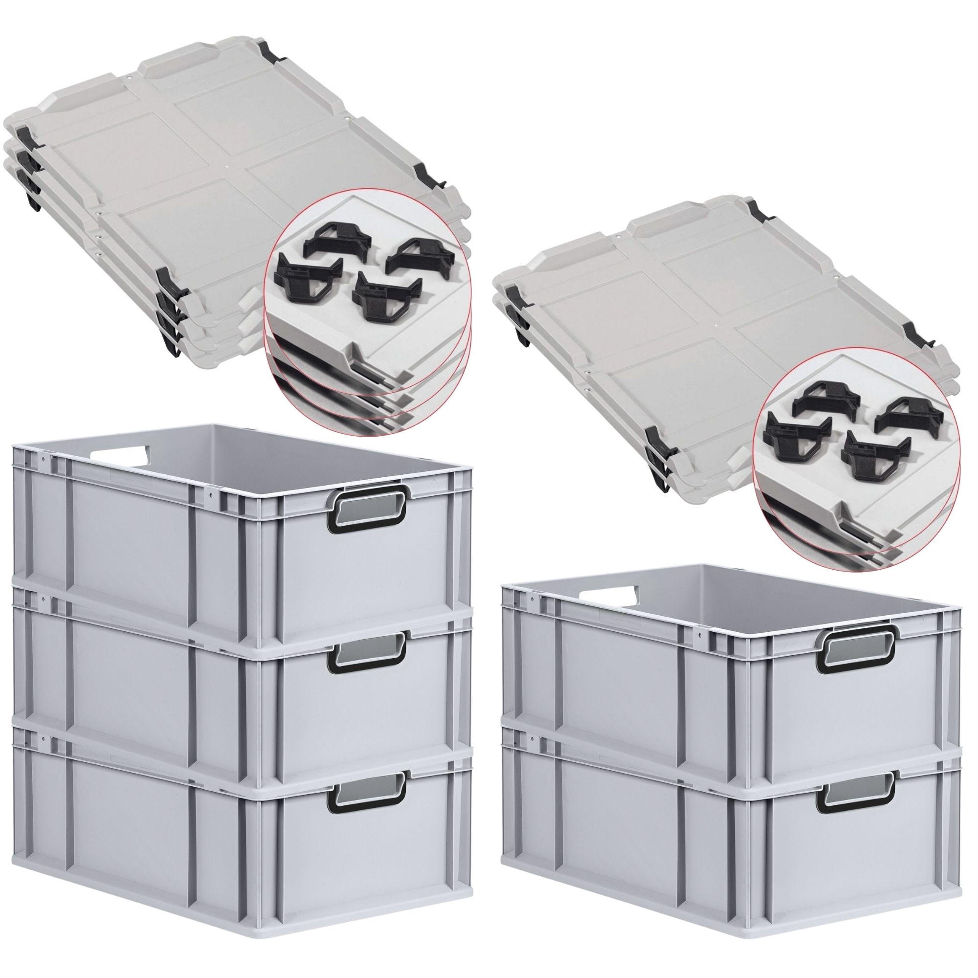 EUROBOX 5x NextGen Color mit Auflagedeckel 22x40x60 cm 44 Liter Grau Griffe schwarz offen - Schwarz/Grau, Kunststoff (40/22/60cm) - PROREGAL