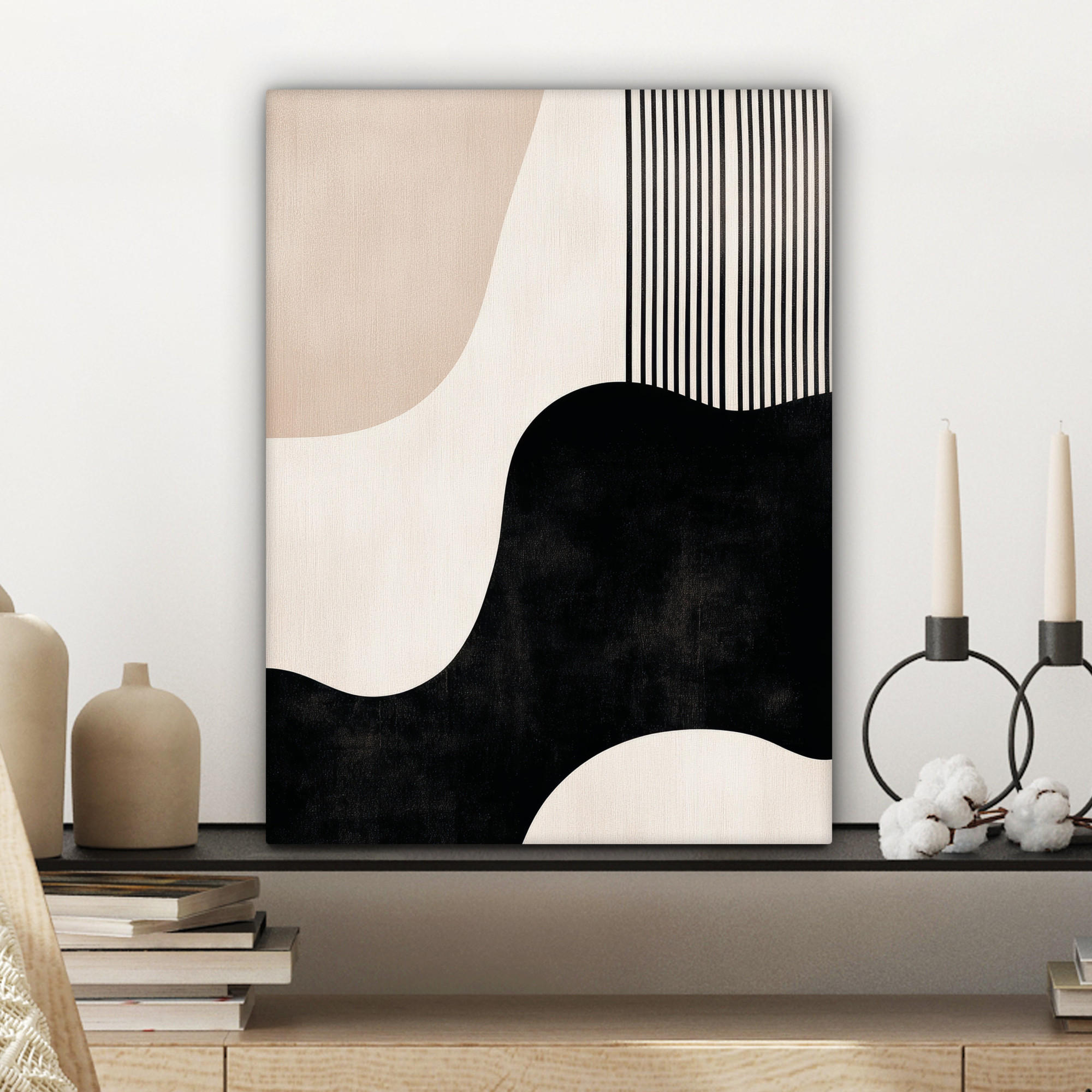 LEINWANDBILD Abstrakt - Japandi - Beige - Modern 30x40 cm - Schwarz, Textil (30/40cm) - MuchoWow