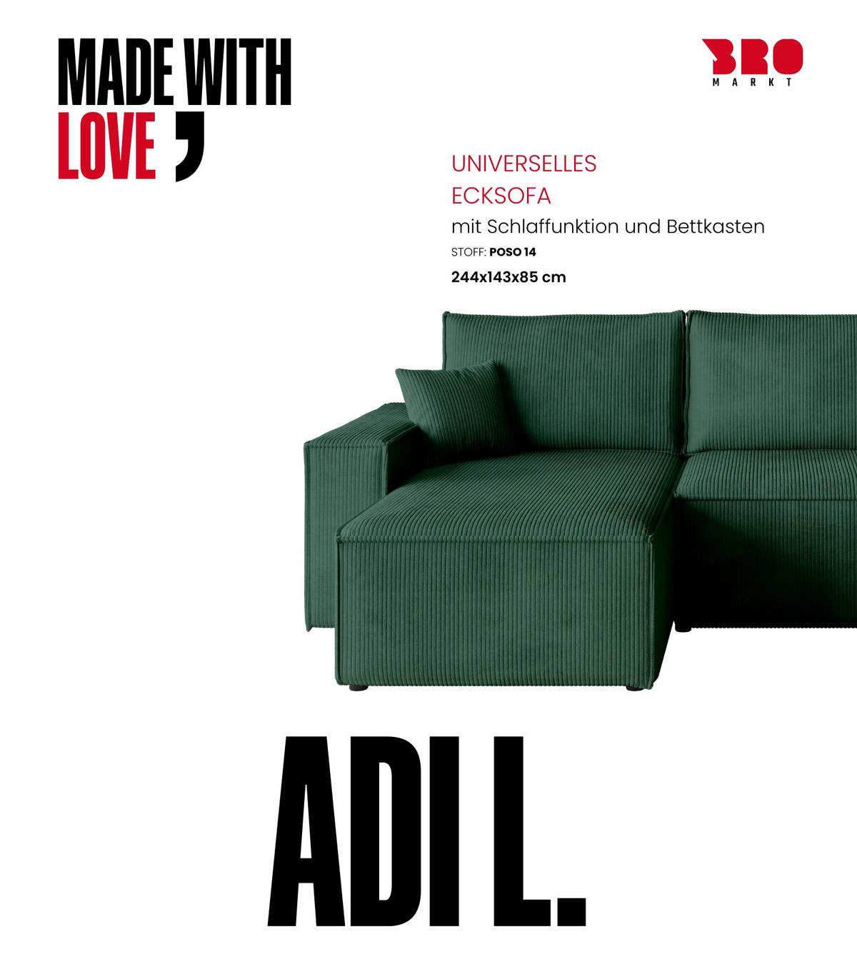 ECKSOFA ADI mit Schlaffunktion Dunkelgrün Cord - Dunkelgrün, Textil (244/143cm) - Bromarkt