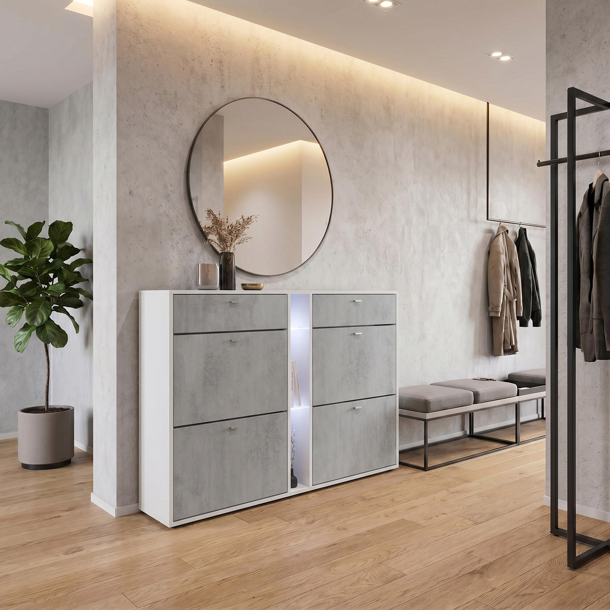 SCHUHSCHRANK Today Fronten in Beton Oxid Optik - Hellgrau, Holzwerkstoff (155.5/95/28cm) - Vladon