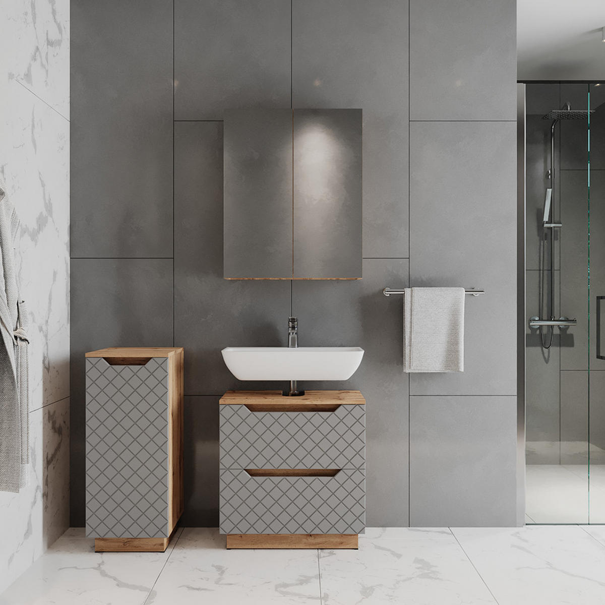 BADMÖBEL-SET Lotta Eiche/Grau mit Kachelstruktur 3 Teile - Eichefarben/Grau, Holzwerkstoff (59.8/62.5/32cm) - Vicco