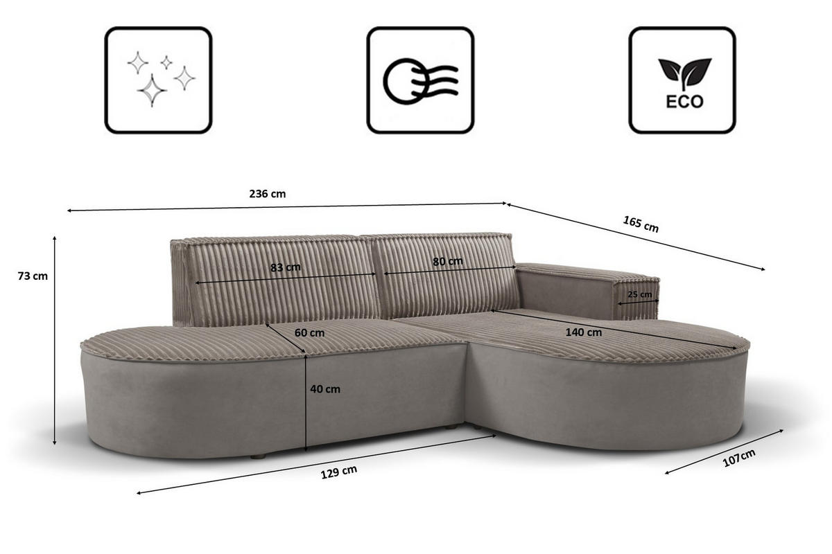ECKSOFA L-förmiges Modena Soft Beige Rechts - Beige, Holz (236/165cm) - Kaiser Möbel