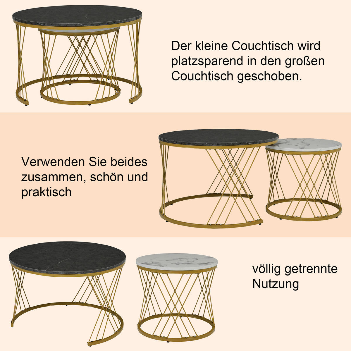 COUCHTISCH SET 2 Marmor Furnier Rund Gold Rahmen Nesting Tische - Grau, Holzwerkstoff (70/70/45cm)