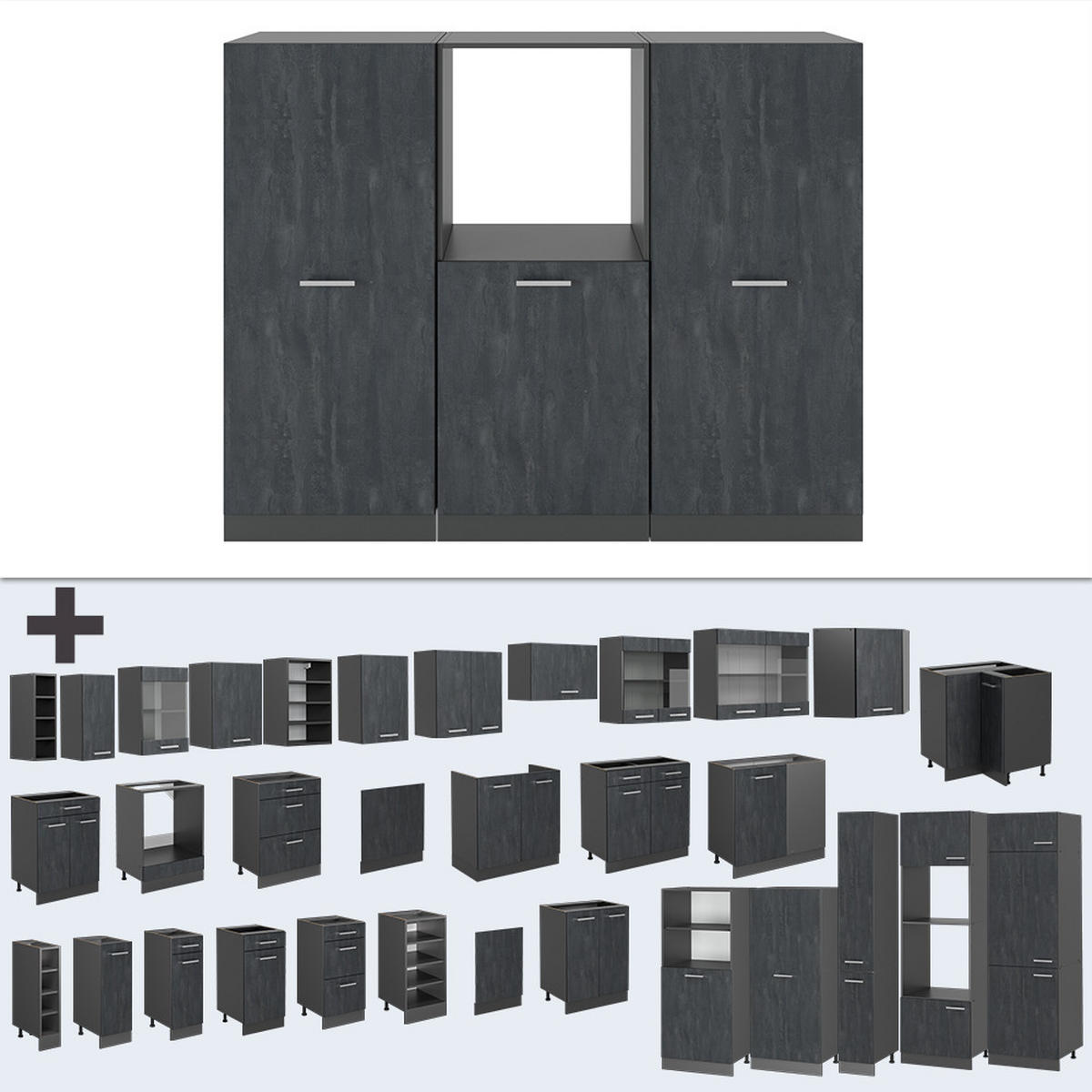 KÜCHENBLOCK R-Line Schwarz Beton/Anthrazit 180 cm ohne AP - Anthrazit/Schwarz, Holzwerkstoff (180/81.6/46cm) - Vicco