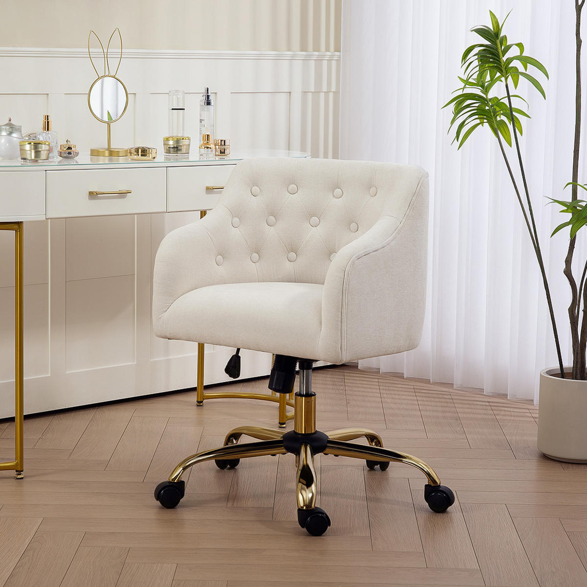 HOMEOFFICE Stuhl, Höhenverstellbarer Schreibtischstuhl Drehbar, Beige - Beige, Kunststoff (52/81/54cm) - HOMCOM