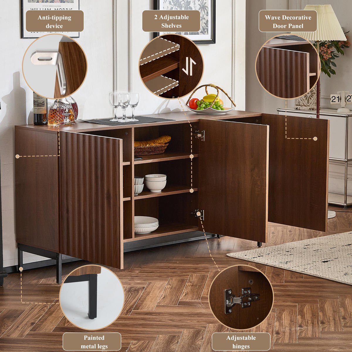 SIDEBOARD 150/40/80 cm mit 3 Türen in Dunkelbraun mit 3D-Wellendesign - Dunkelbraun, Holzwerkstoff (150/80/40cm) - BEAOK
