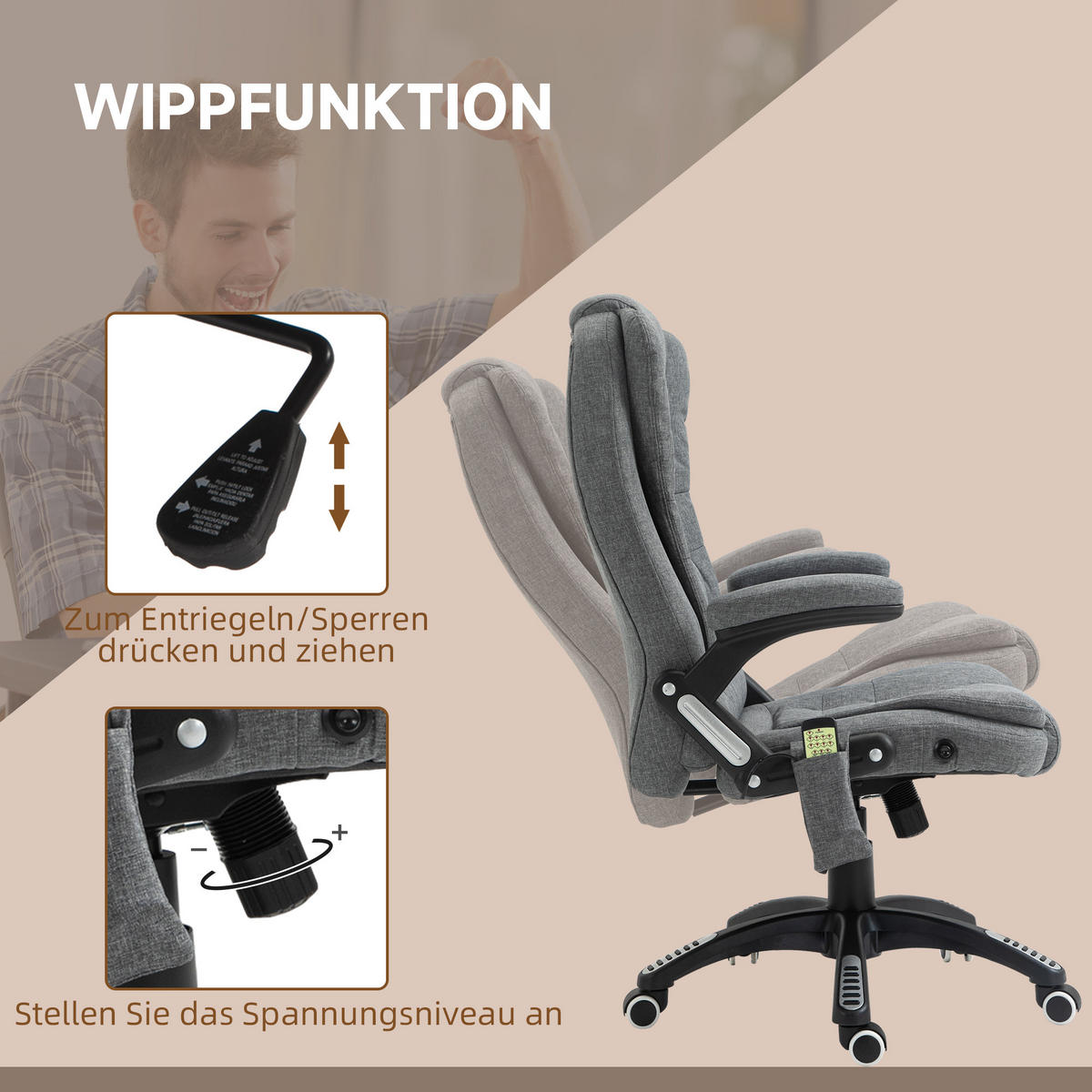 MASSAGESESSEL Chefsessel Gamingstuhl Drehstuhl Massagebürostuhl Grau - Schwarz/Grau, Kunststoff/Textil (74/116/67cm) - Vinsetto
