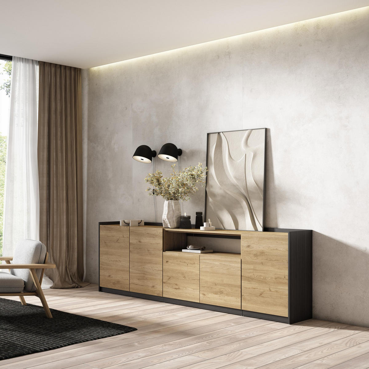 SIDEBOARD, Highboard, Eiche Schwarz, 260/37/80cm - Eichefarben, Holzwerkstoff (260/80/37cm) - Skraut Home