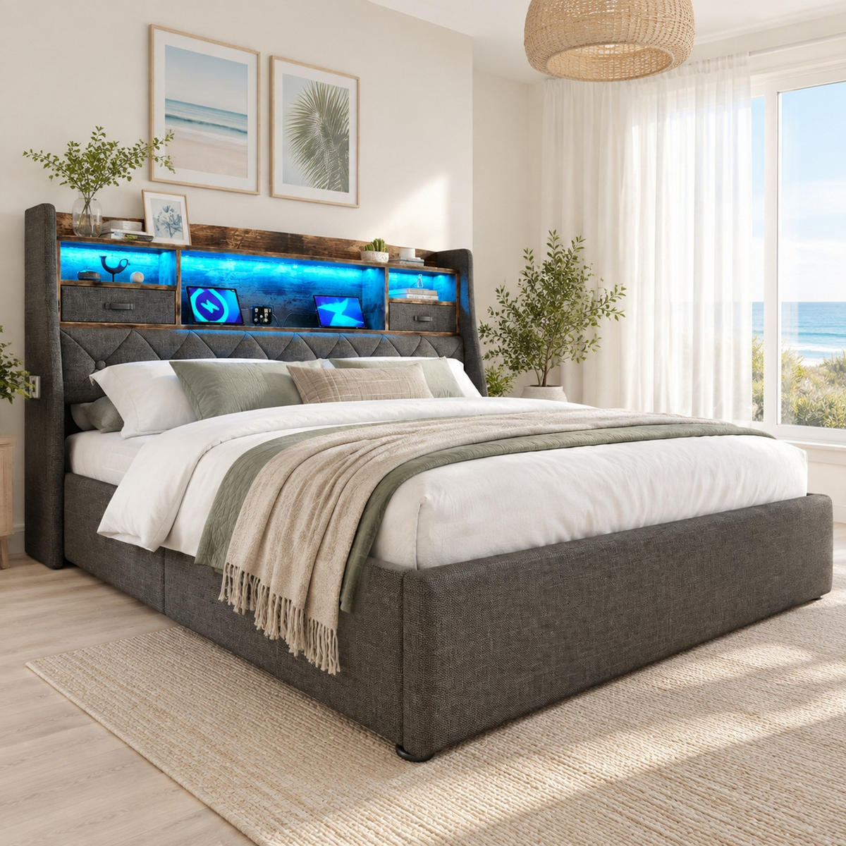POLSTERBETT 160/200 mit Bettkasten, LED und USB in Grau - Grau, Holzwerkstoff/Textil (160/200cm) - EVRYAE