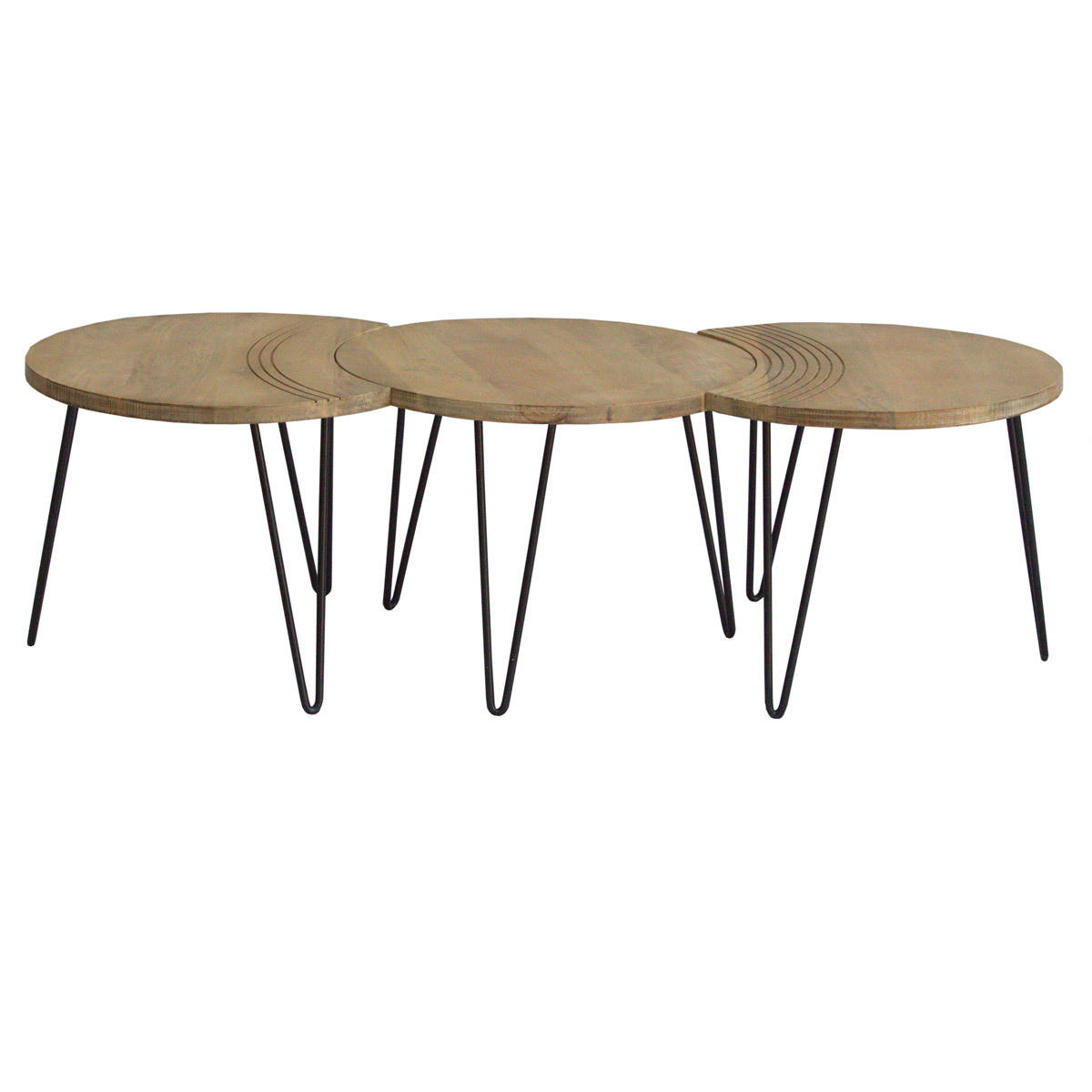 COUCHTISCH Strukturiert Mangoholz Schwarzes Metall 3er-Set VIBES - Naturfarben, Holz (145/60/45cm) - Miliboo