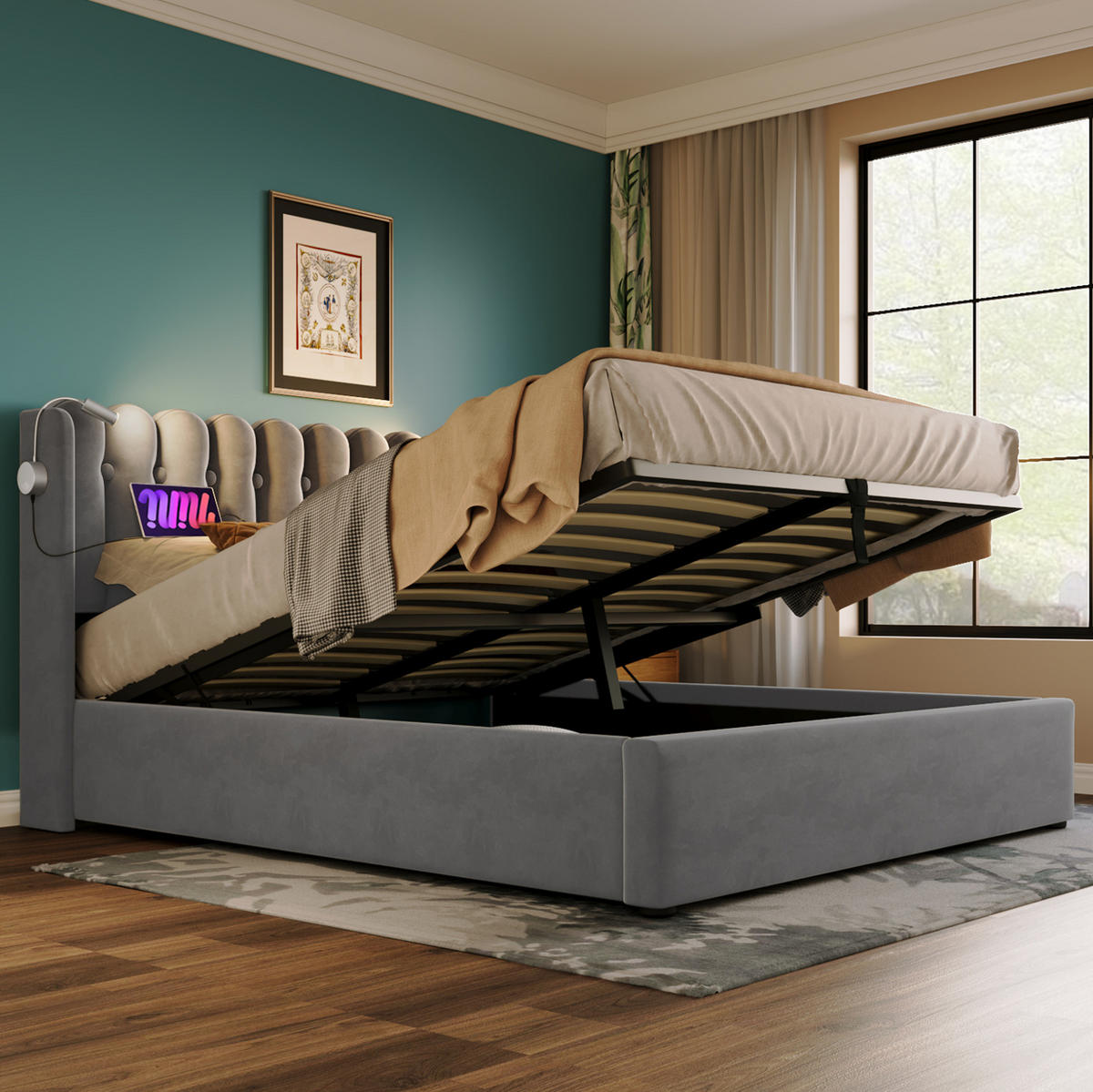 BETT mit Bettkasten, USB und Leselicht 90x200 cm Samt Grau - Grau, Metall (90/200cm) - Meubliv