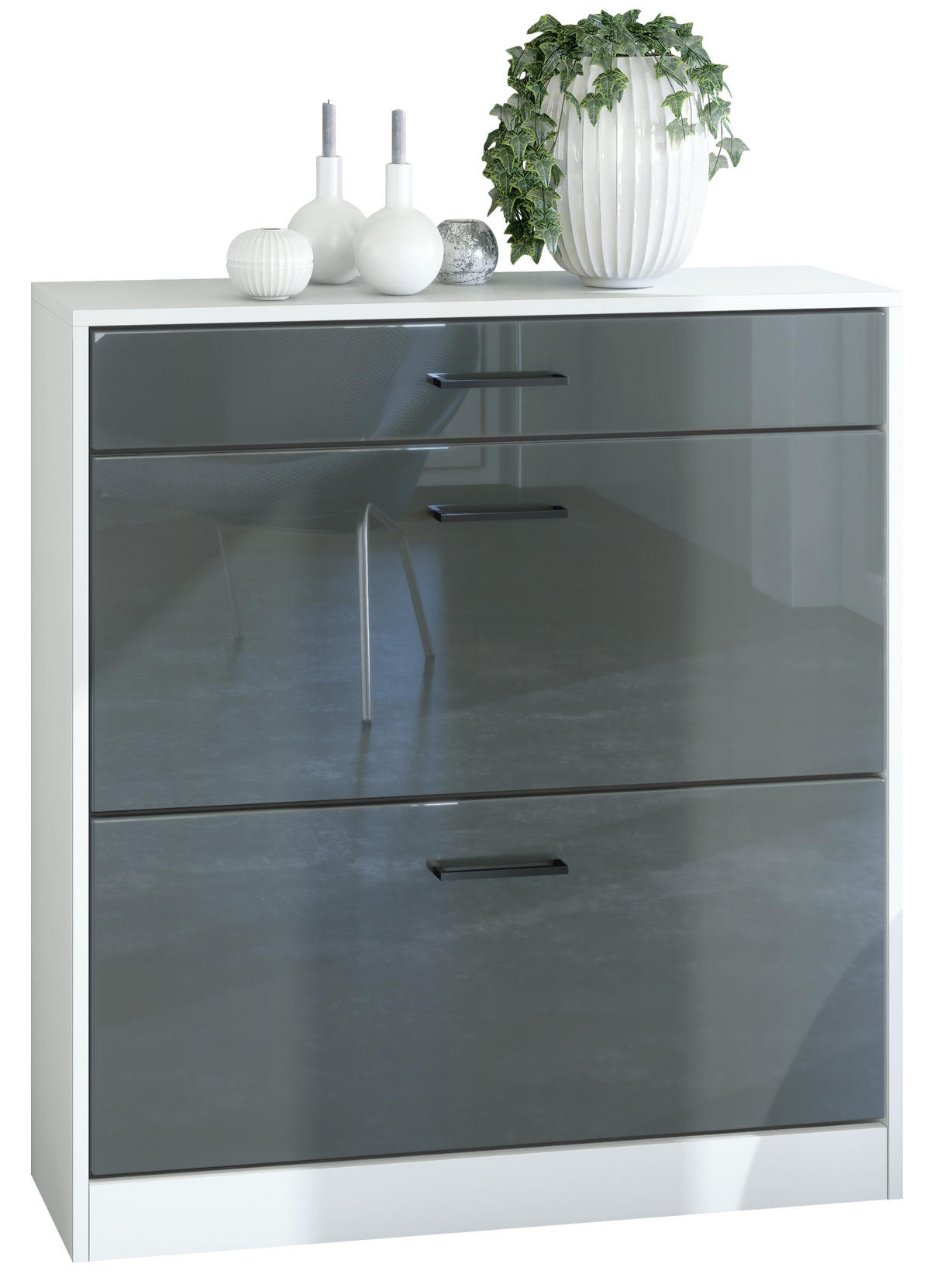 SCHUHSCHRANK Elvas Front in Grau Hochglanz - Grau, Holzwerkstoff (89/95.5/27cm) - Vladon