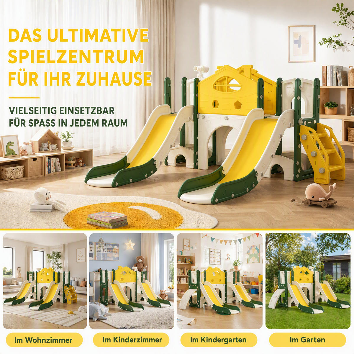 KINDERRUTSCHE 7 in 1 Indoor und Outdoor Babyrutsche mit schieber, Gelb - Gelb, Kunststoff (166/96/203cm) - GENKI LIVING