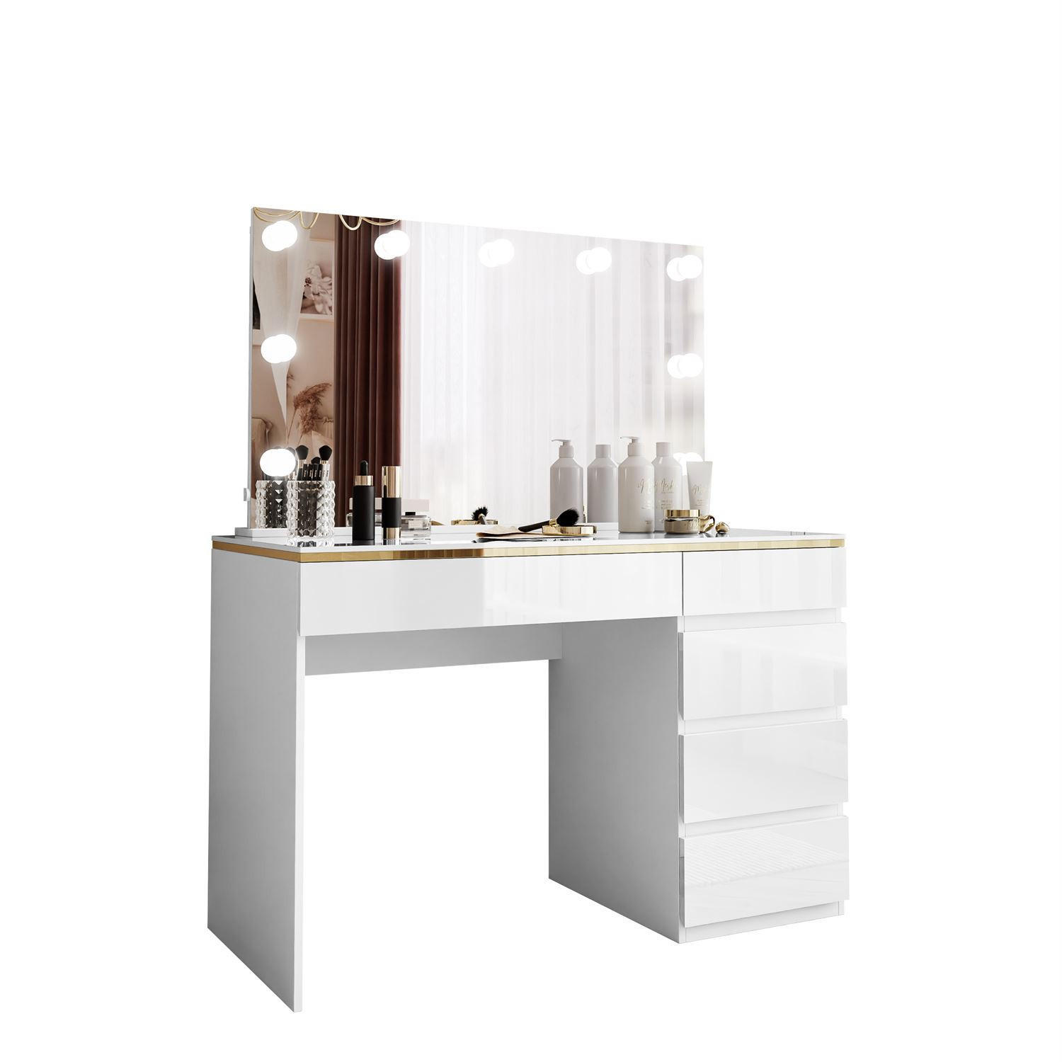 SCHMINKTISCH AURORA II ELITE Weiß hochglanz mit Spiegel und Beleuchtung - Weiß Hochglanz, Holzwerkstoff (120/145/55cm) - Lookway