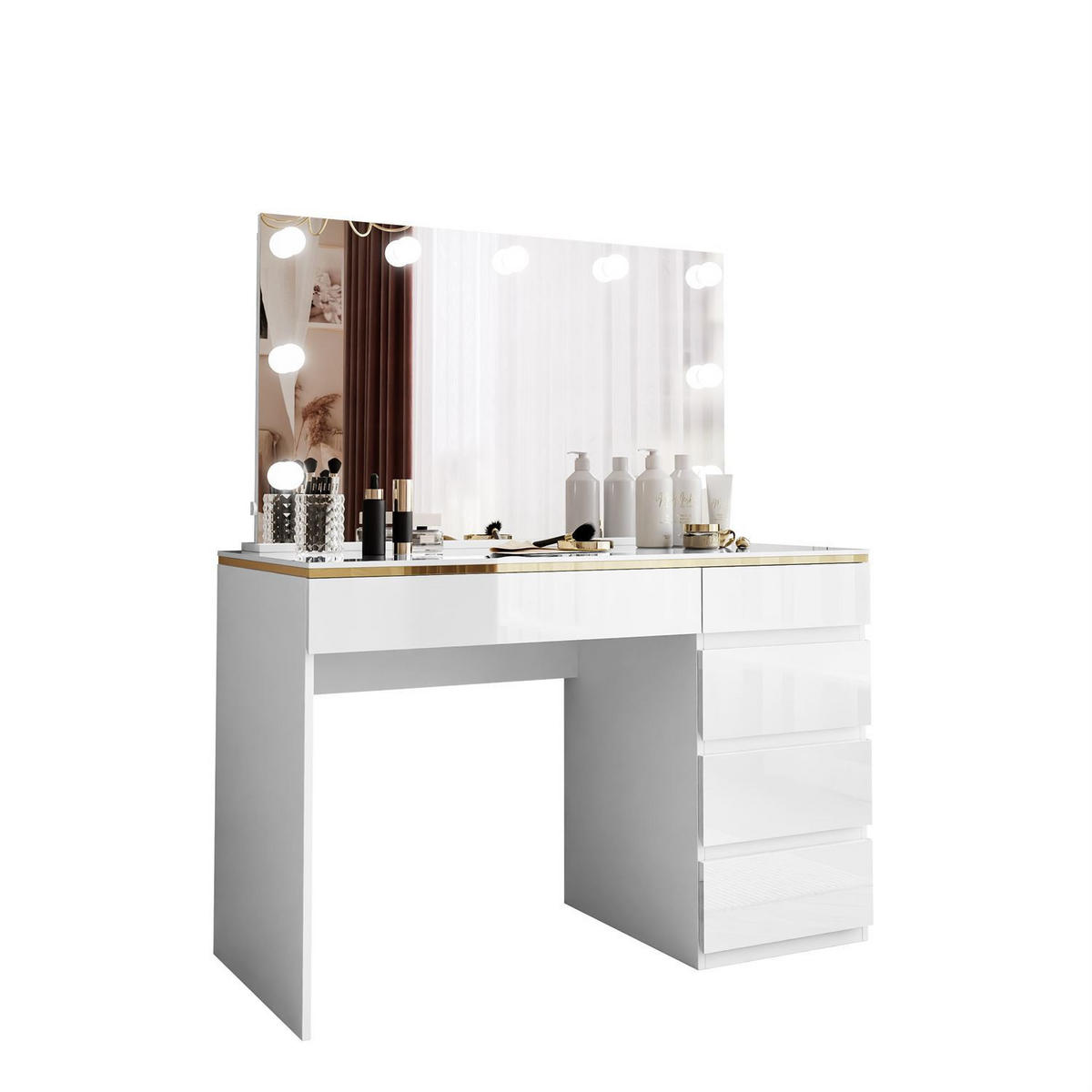 SCHMINKTISCH AURORA II ELITE Weiß hochglanz mit Spiegel und Beleuchtung - Weiß Hochglanz, Holzwerkstoff (120/145/55cm) - Lookway