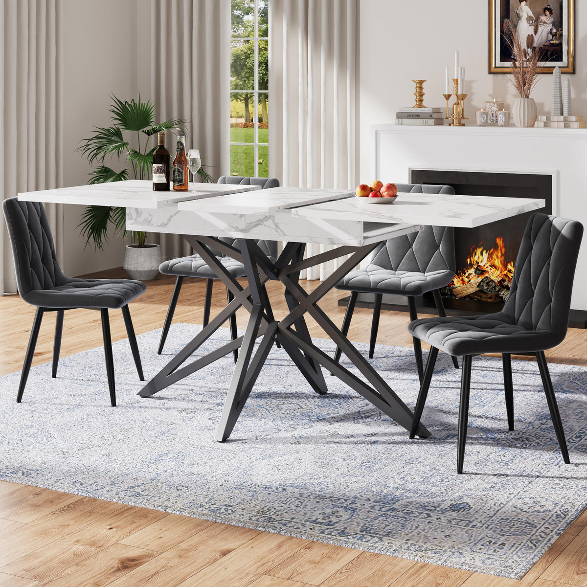 ESSTISCH 120-160x80x66 cm in Weiß und Schwarz aus MDF mit Marmoroptik ausziehbar - Weiß, Holzwerkstoff (160/80/66.1cm) - Modfu