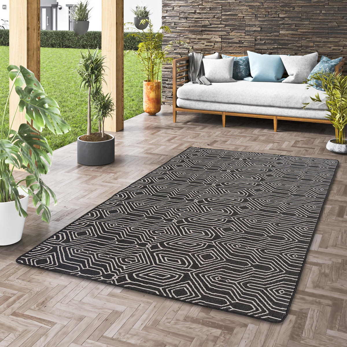 IN- UND OUTDOOR TEPPICH BEIDSEITIG NEWPORT MODERN - Schwarz, Textil (80/240cm) - Snapstyle