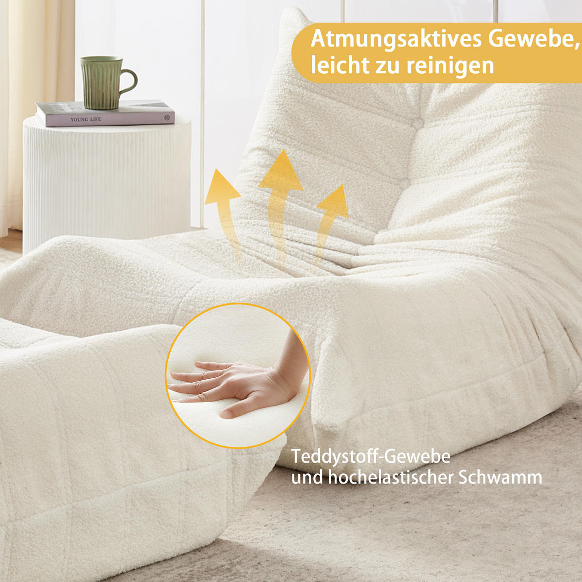 LAZY SOFA Teddypäls-look med Pall mjuk & ergonomisk - Beige, Textil (100/70/90cm) - Urban Meuble