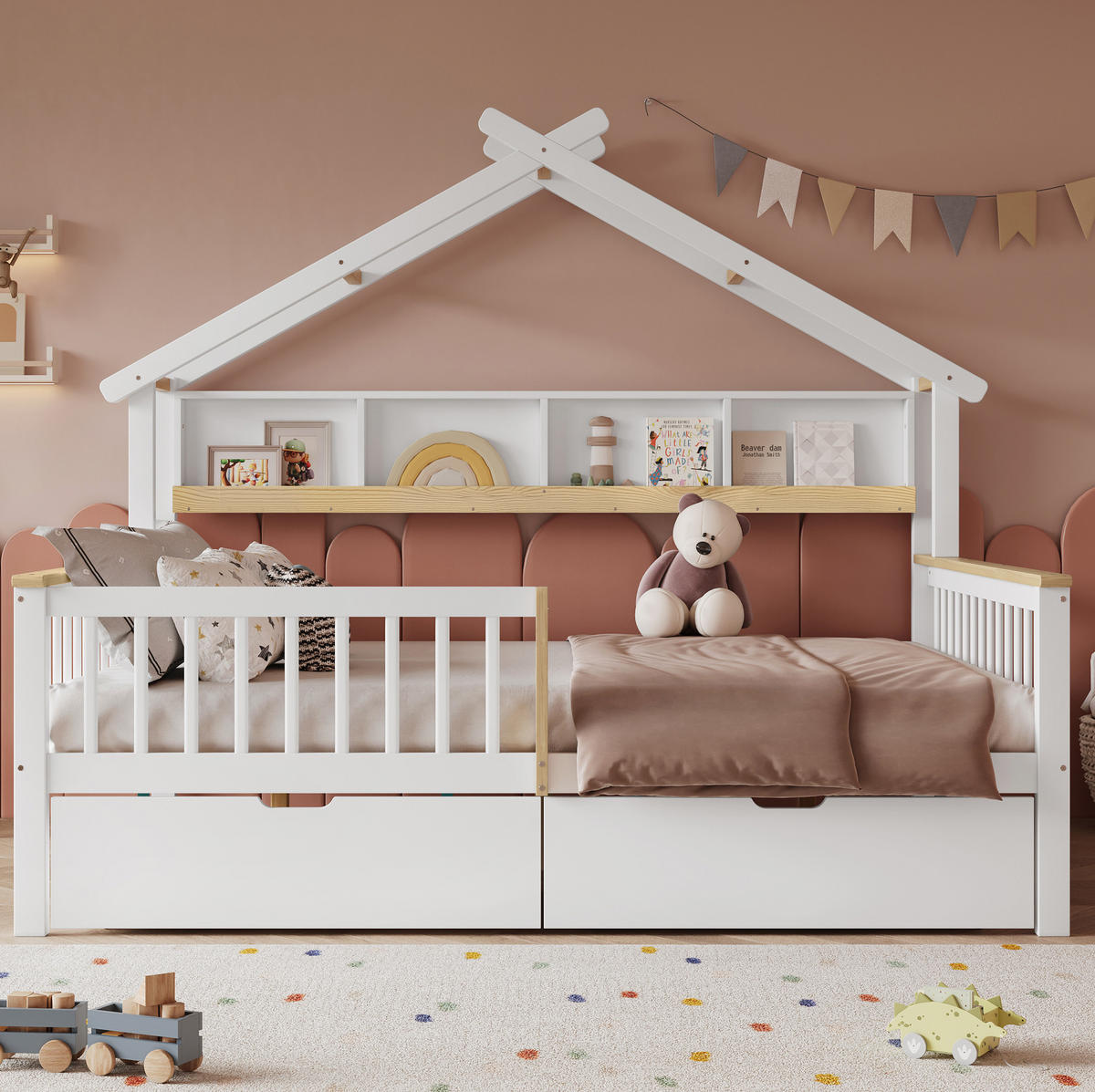 KINDERBETT 140/200 cm aus Kiefer und MDF mit Dach, Fallschutz und 2 Schubladen, Weiß/Natur - Weiß, Holz (140/200cm) - Redom