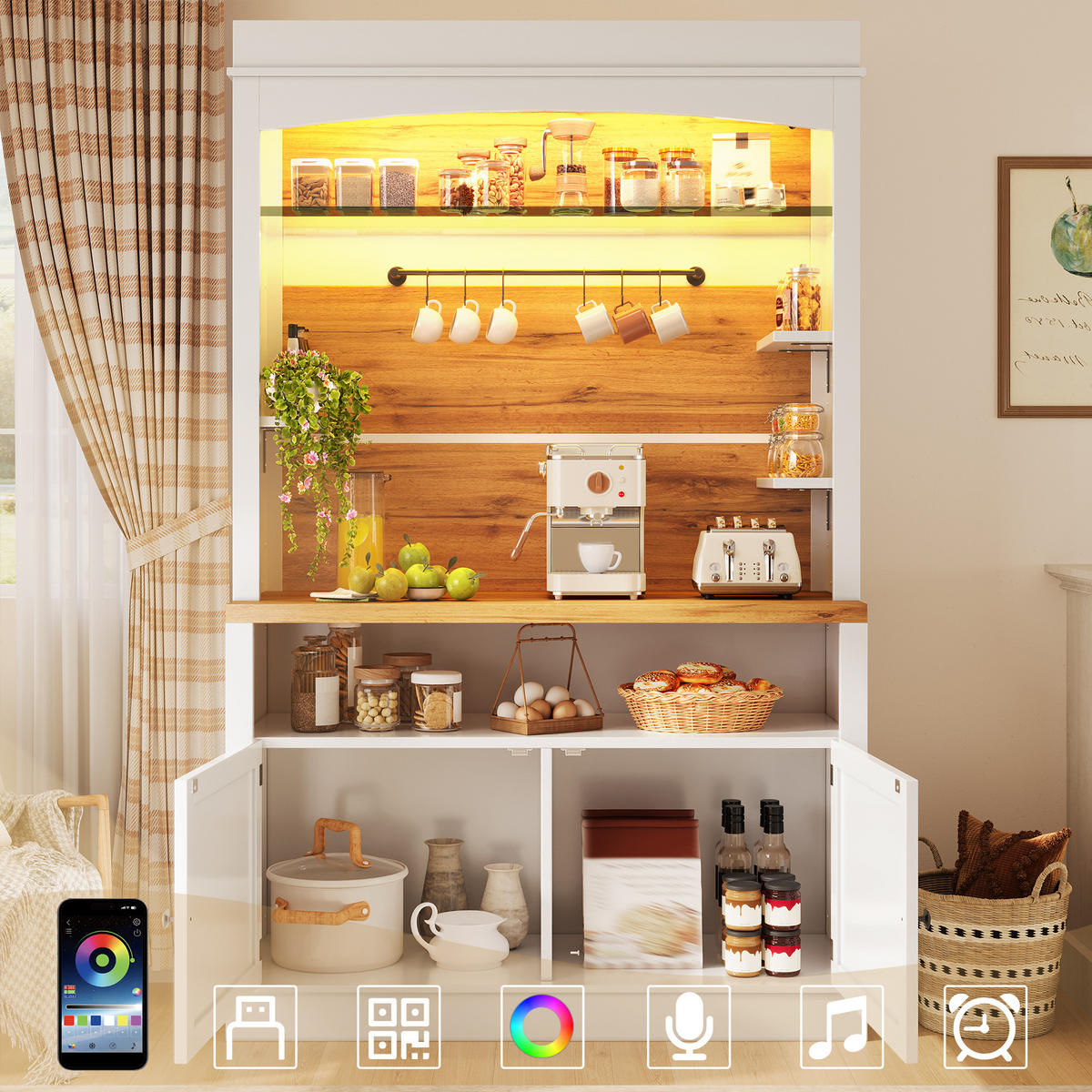 KÜCHENSCHRANK in Weiß mit LED-Beleuchtung und offenem Regal für Küche, B107/T43/H184 cm - Weiß, Glas/Holzwerkstoff (107/184/34cm) - STILVORA