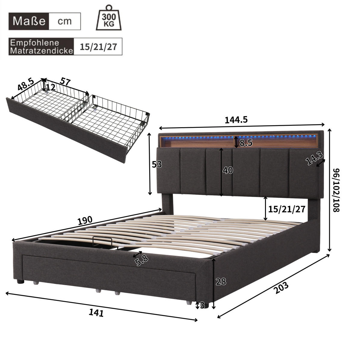 TAPECIRANI krevet 140/190 cm sivi od čelika s LED uzglavljem i spremištem - siva, metal (140/200cm) - OKWISH