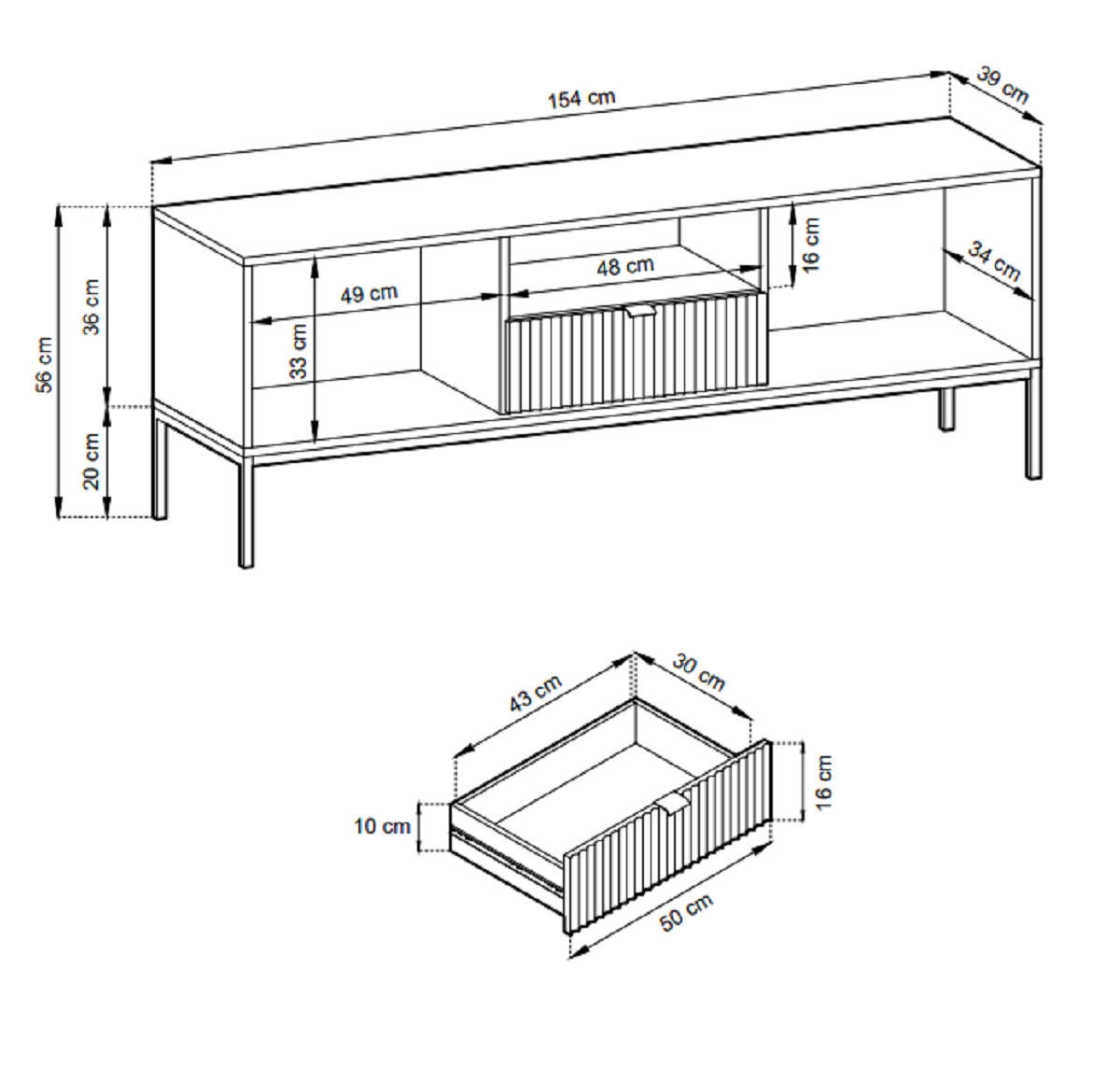TV-SCHRANK 154 cm Galla mit Schublade, 2 Türen, gold accessories, Schwarz - Schwarz, Holz (154/56/39cm) - Emporius