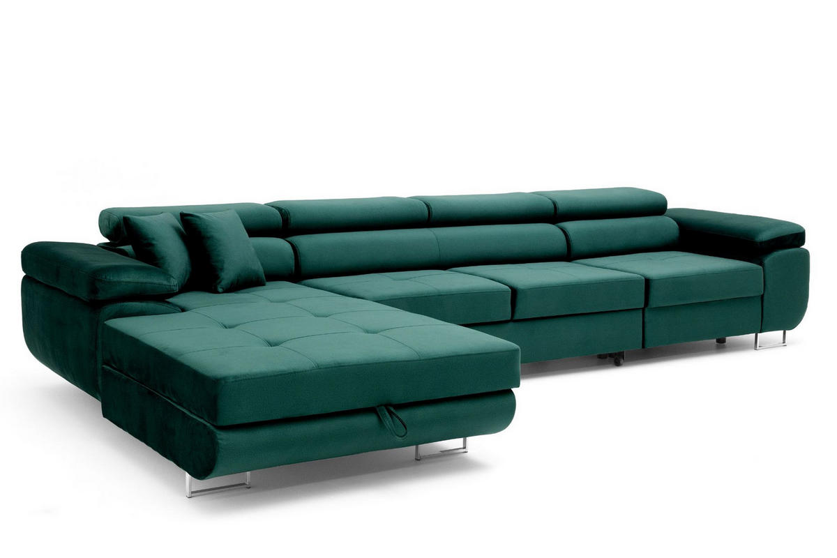 ECKSOFA ALONZO MAXI Links mit Schlaffunktion 125x195 Velours Grün - Silberfarben/Grün, Holz/Textil (350/203cm) - Muffo