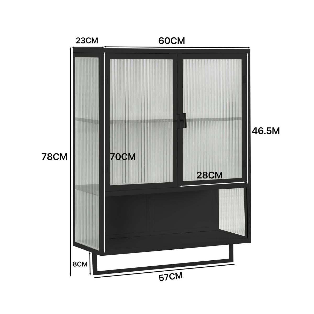 KÜCHENOBERSCHRANK 60x23x78 cm Schwarz aus Glas & Metall mit geriffeltem Glas & offenen Ablagen - Schwarz, Glas (60/78/23cm) - Modfu