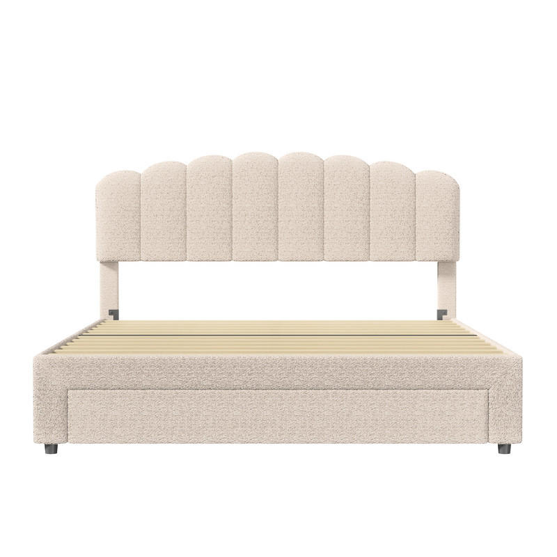 BETT 160x200 cm mit Schublade und USB-Anschluss, Kopfteil, Teddy-Velours, Beige - Beige, Holzwerkstoff/Textil (160/200cm) - WoodenAura