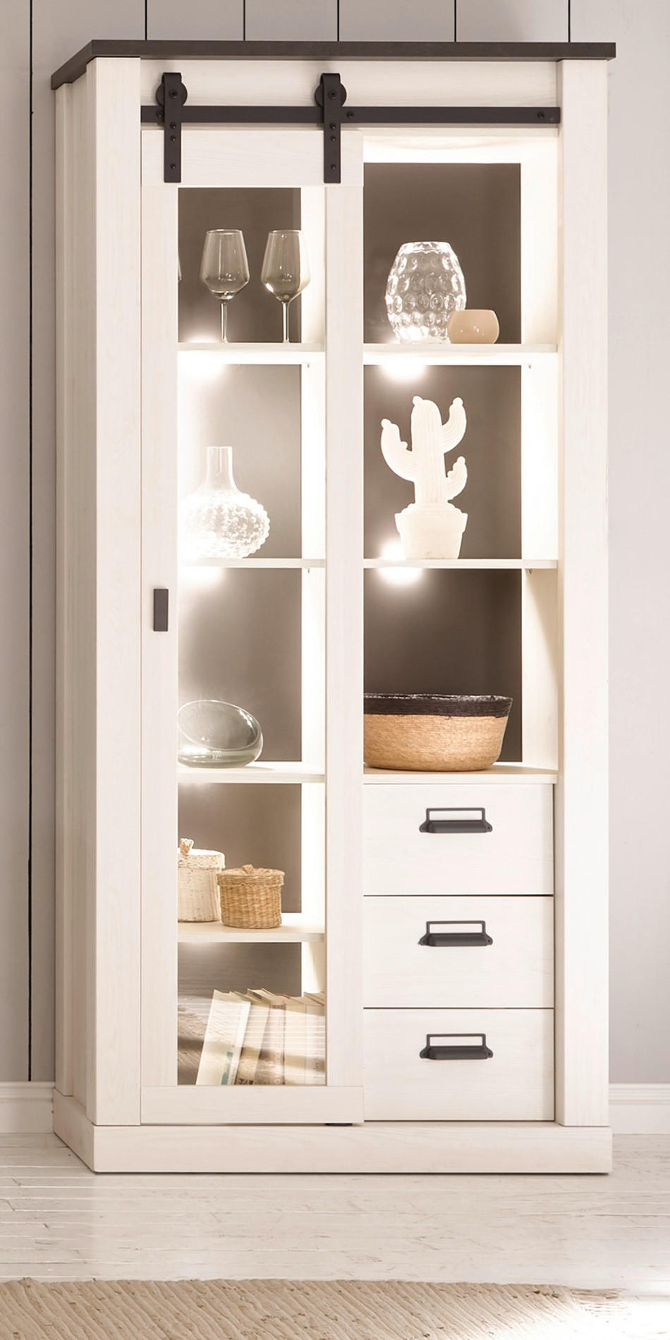 VITRINE weiß Pinie, anthrazit, Landhaus, Vitrinenschrank 93 x 201 cm - Anthrazit/Weiß, Holzwerkstoff/Metall (93/201/38cm) - Furn.Design