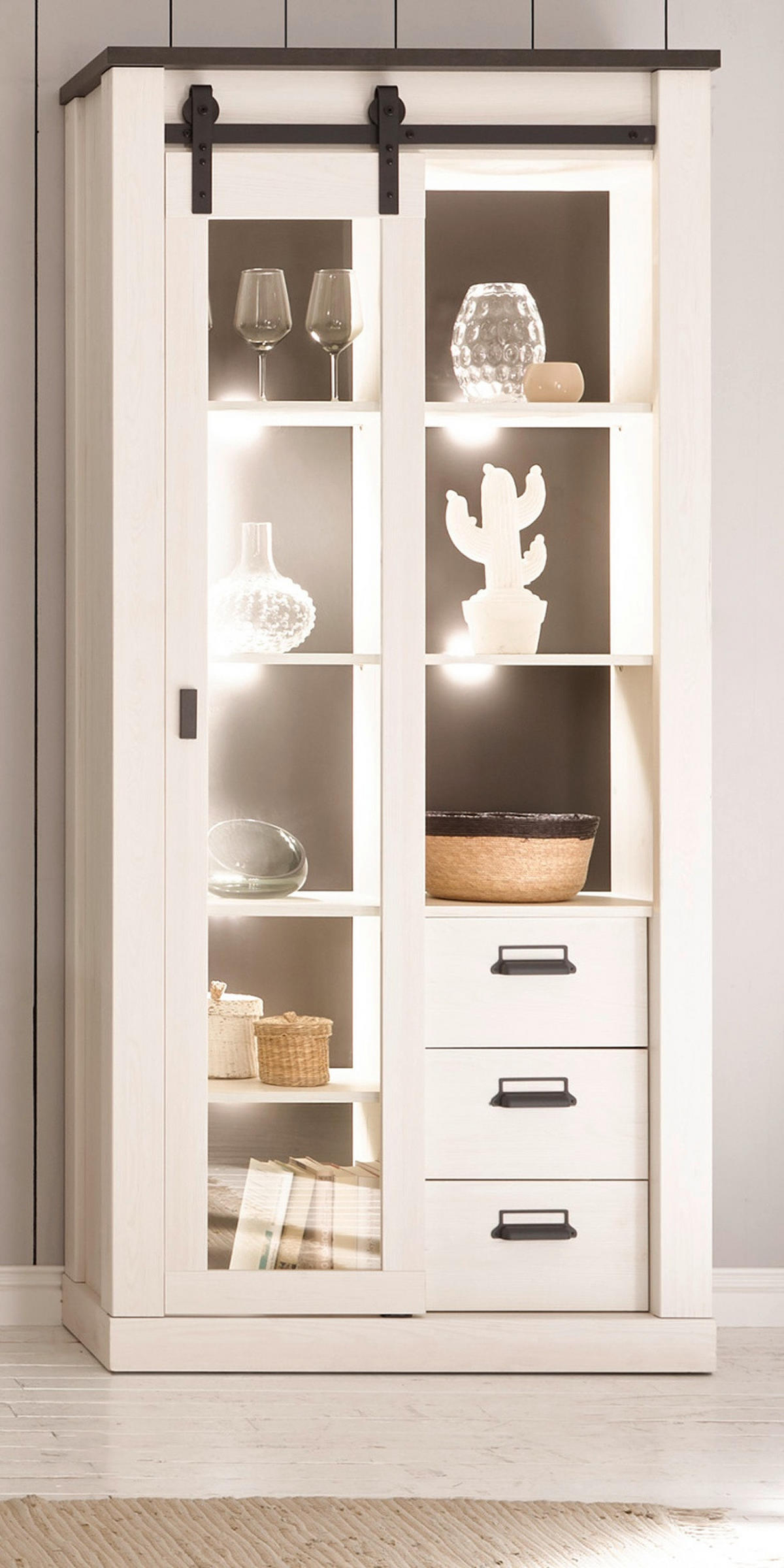 VITRINE weiß Pinie, anthrazit, Landhaus, Vitrinenschrank 93 x 201 cm - Anthrazit/Weiß, Holzwerkstoff/Metall (93/201/38cm) - Furn.Design
