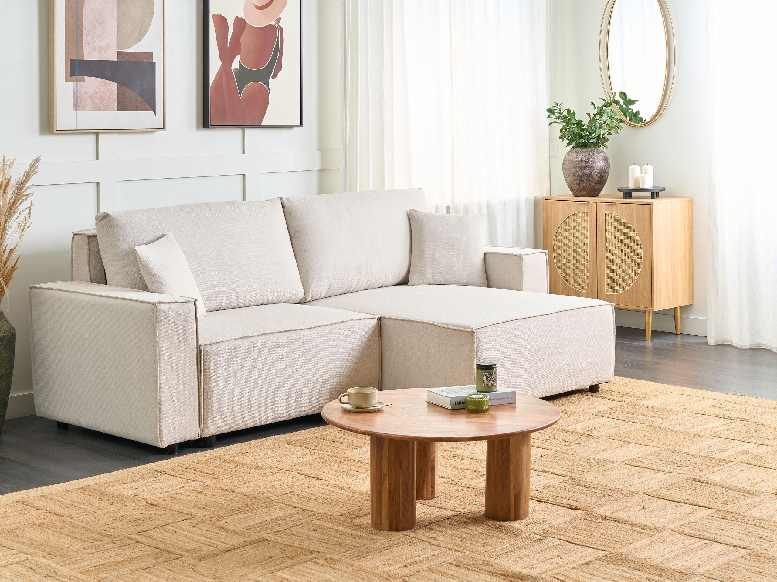 3-SITZER-ECKSOFA beige rechtsseitig mit Schlaffunktion Stauraum Karila - Beige, Textil (250/150cm) - Beliani