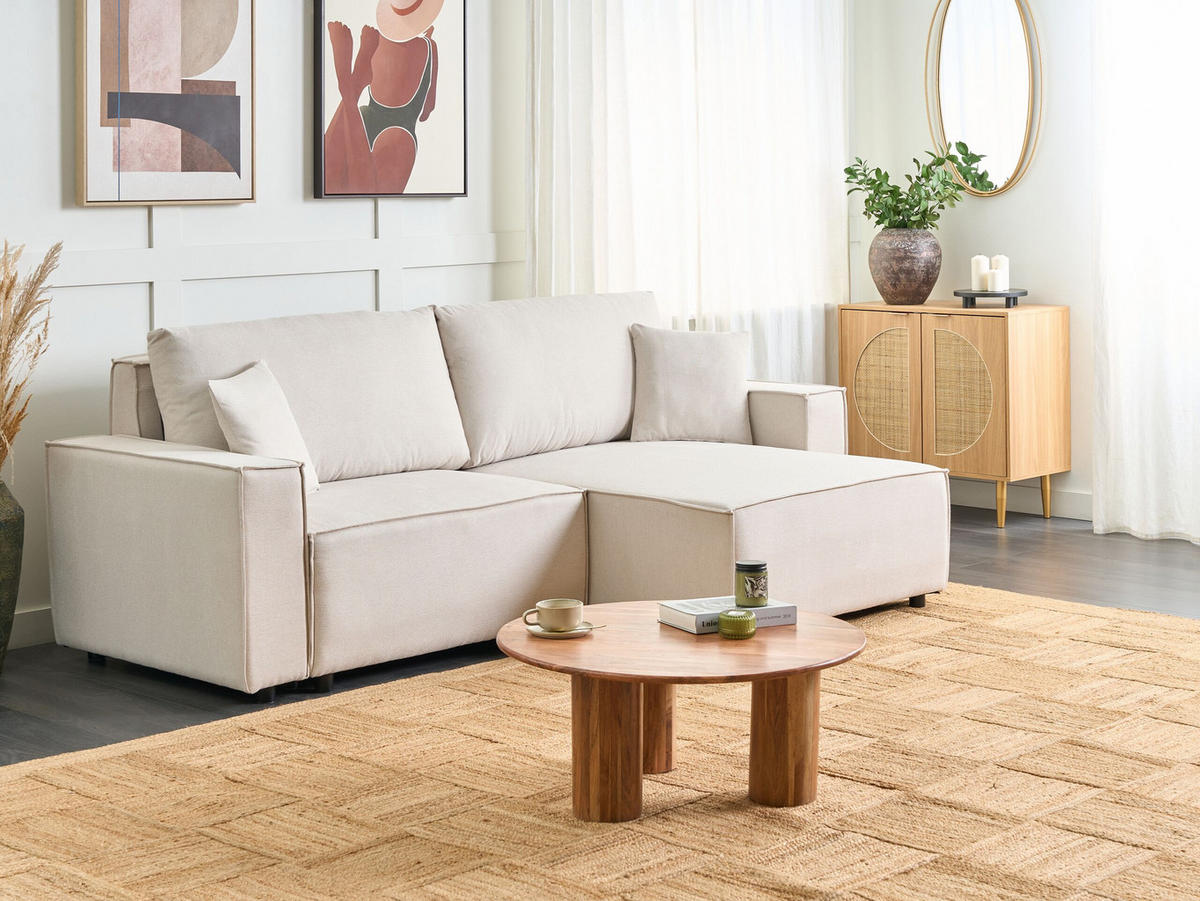 3-SITZER-ECKSOFA beige rechtsseitig mit Schlaffunktion Stauraum Karila - Beige, Textil (250/150cm) - Beliani