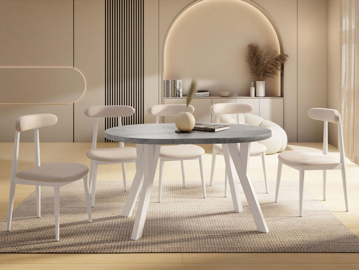 ESSTISCH Avero White runder ausziehbarer, Beton grau 100-140/100/77 cm - Hellgrau/Weiß, Holz/Holzwerkstoff (100/100/77cm) - WFL GROUP