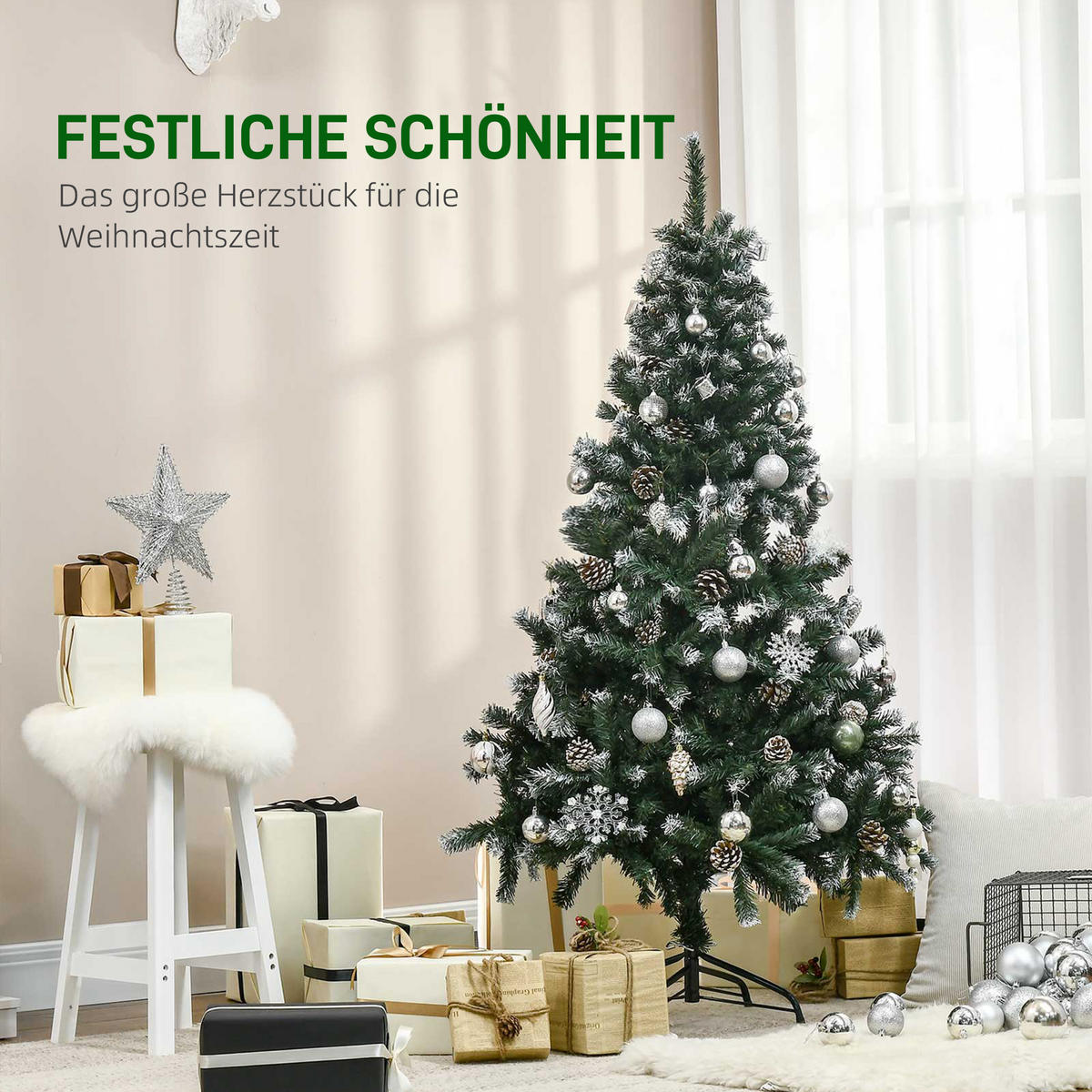 KÜNSTLICHER-WEIHNACHTSBAUM, 150 cm Christbaum mit Kunstschnee, Indoor - Grün, Kunststoff (150cm) - HOMCOM