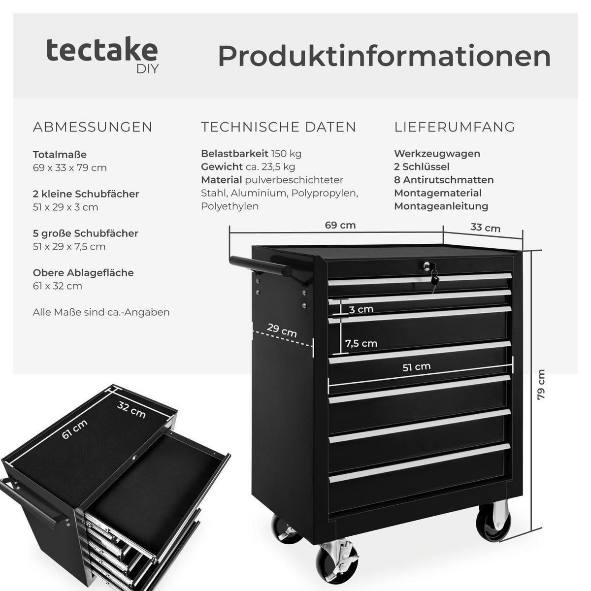 WERKZEUGWAGEN ,Rollen Ø 100 mm,schwarz - Schwarz, Metall (33/79/69cm) - tectake