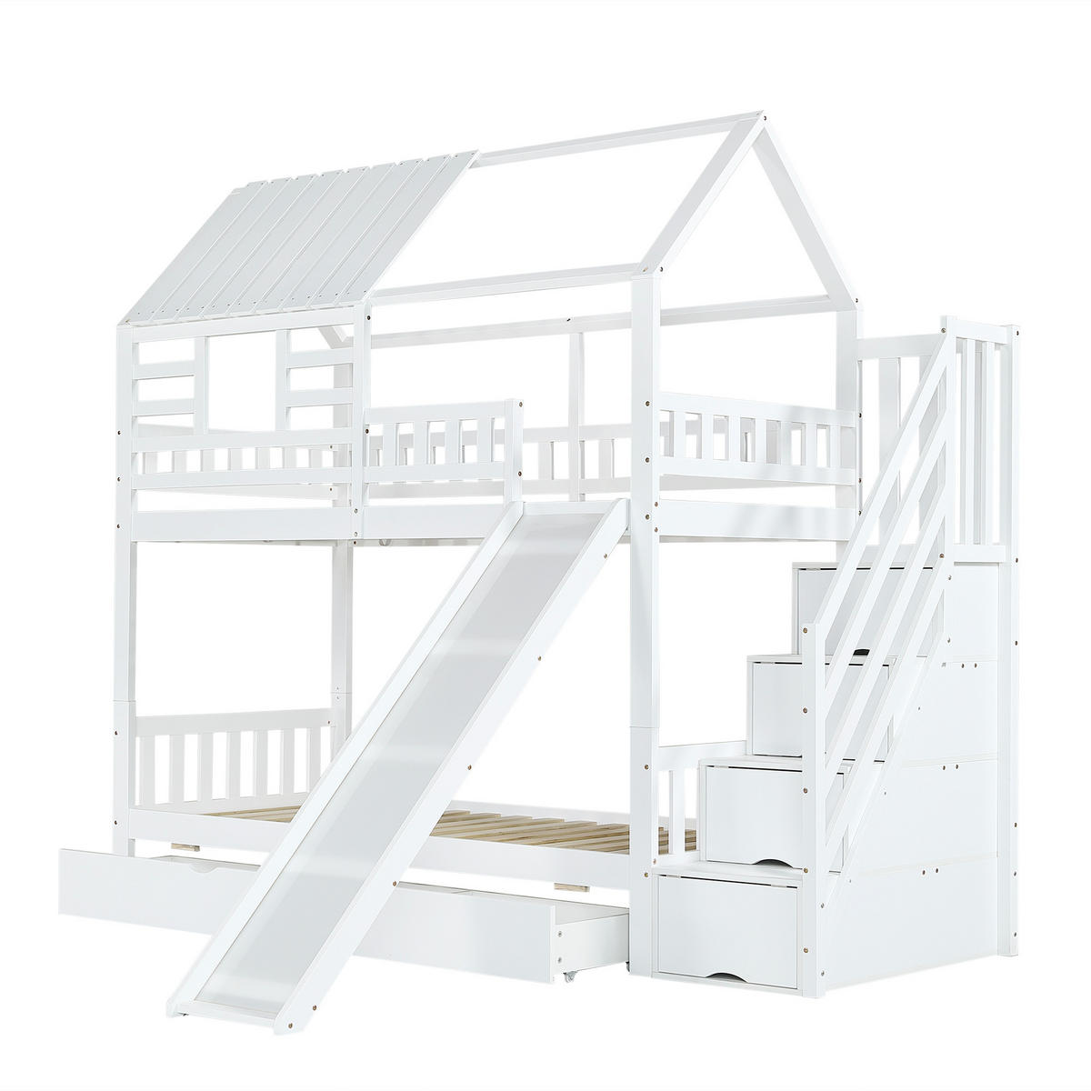 ETAGENBETT 90/200 cm Weiß mit Treppe und Rutsche aus Kiefernholz und MDF - Weiß, Holzwerkstoff (90/200cm) - OKWISH