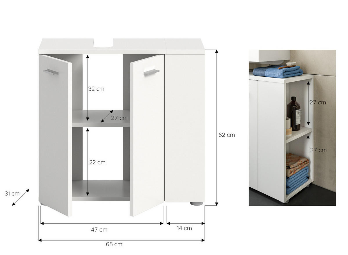 WASCHBECKENUNTERSCHRANK weiß 65 cm, Set mit Regal - Silberfarben/Weiß, Holzwerkstoff/Kunststoff (65/62/31cm) - Inn.Furn