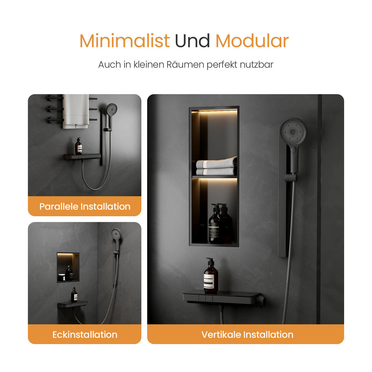 ÜBERKOPFBRAUSESET mit Thermostat Drei Wasserauslassmethoden Anthrazit - Anthrazit, Metall (10.5/66.5/39.5cm) - EMKE